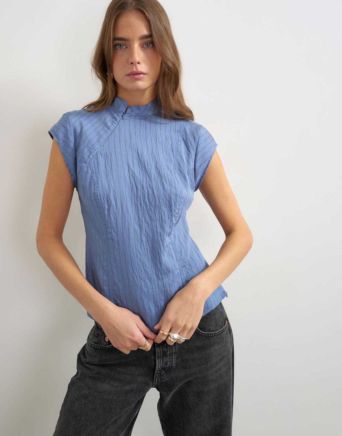 Topshop high neck zip detail top in cornflower blue stripe
