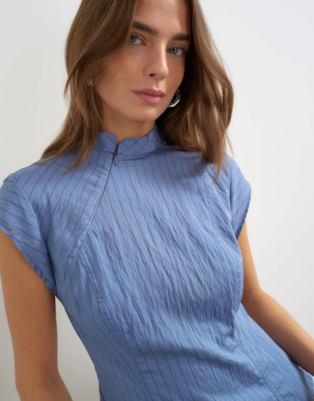 Topshop high neck zip detail top in cornflower blue stripe