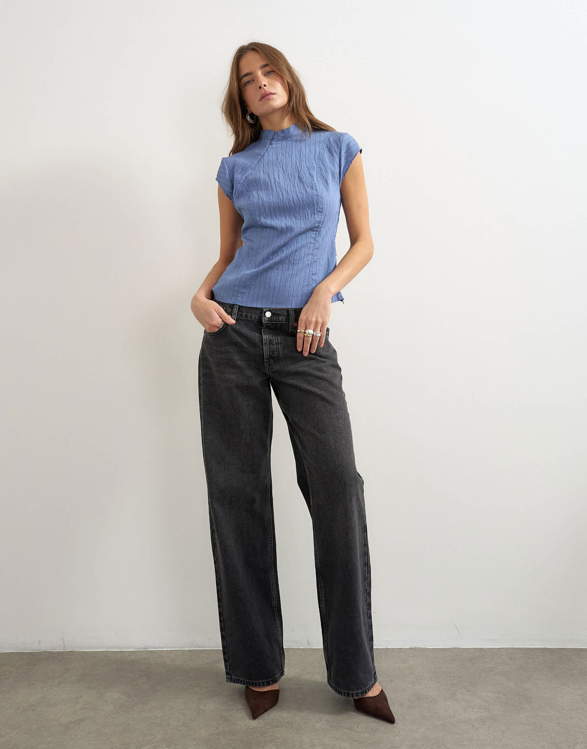 Topshop high neck zip detail top in cornflower blue stripe
