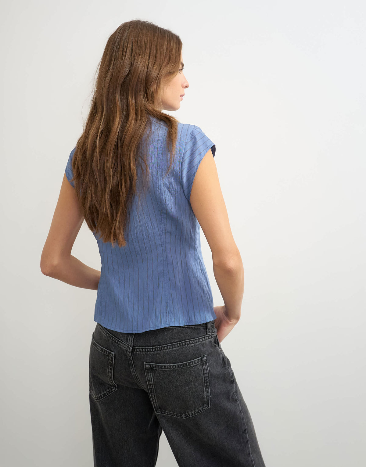 Topshop high neck zip detail top in cornflower blue stripe