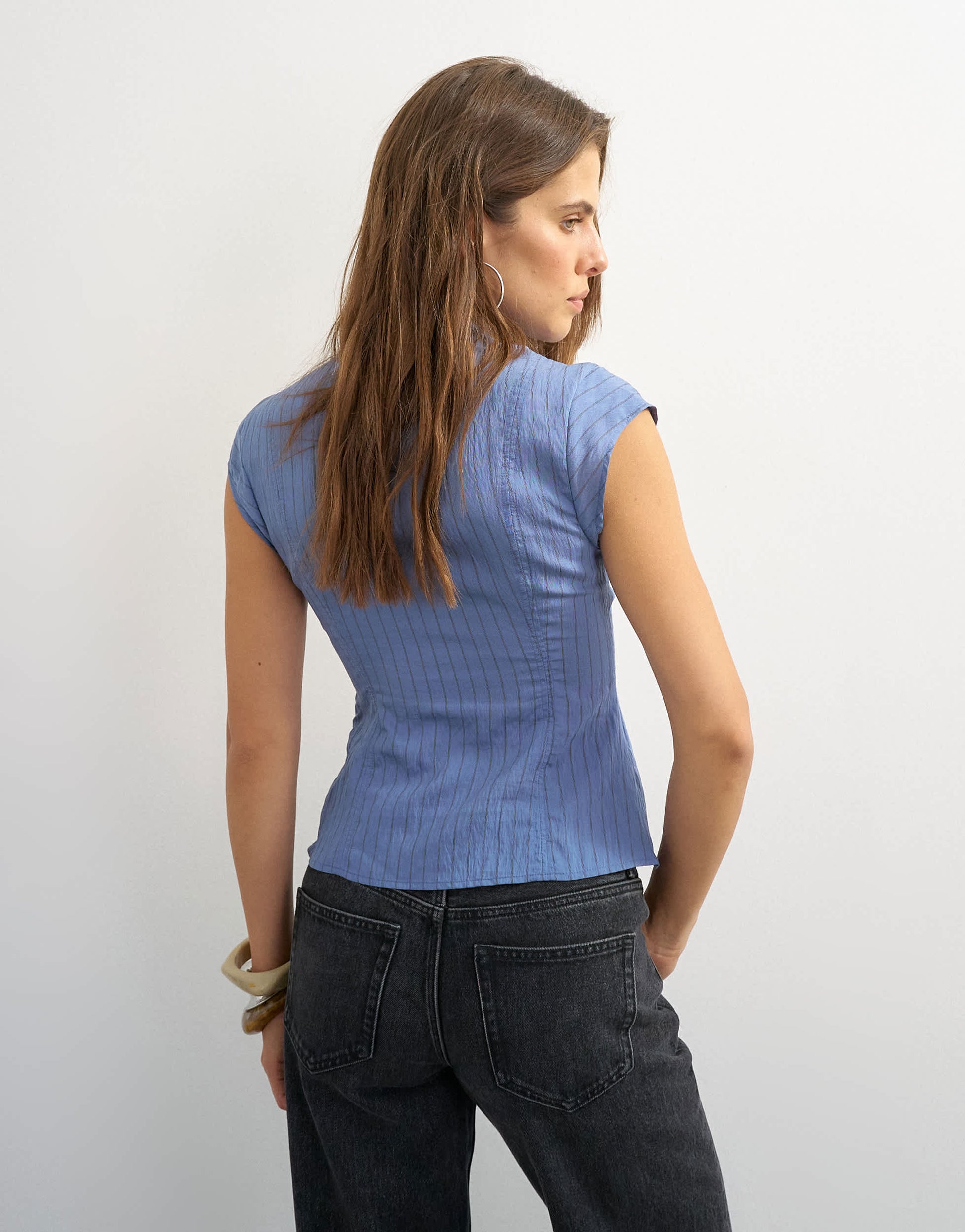 Topshop high neck zip detail top in cornflower blue stripe