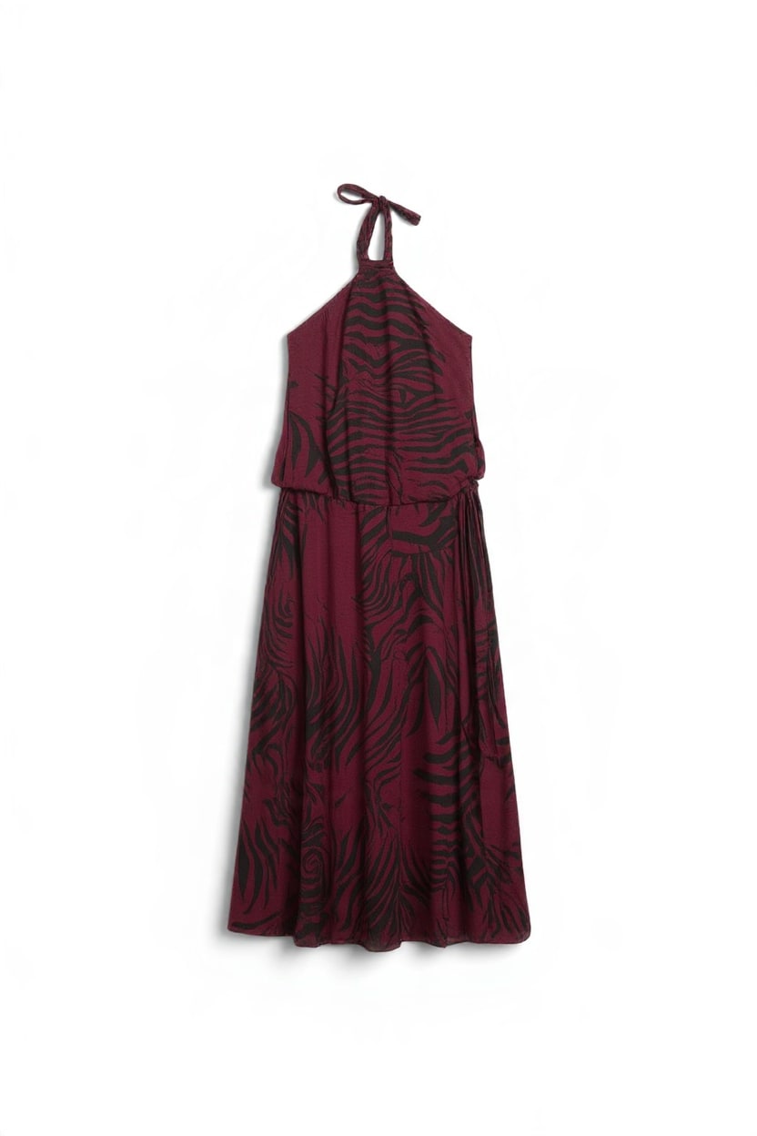 Topshop halter neck dropped waist tie detail maxi dress in burgundy zebra print