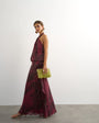 Topshop halter neck dropped waist tie detail maxi dress in burgundy zebra print