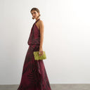 Topshop halter neck dropped waist tie detail maxi dress in burgundy zebra print