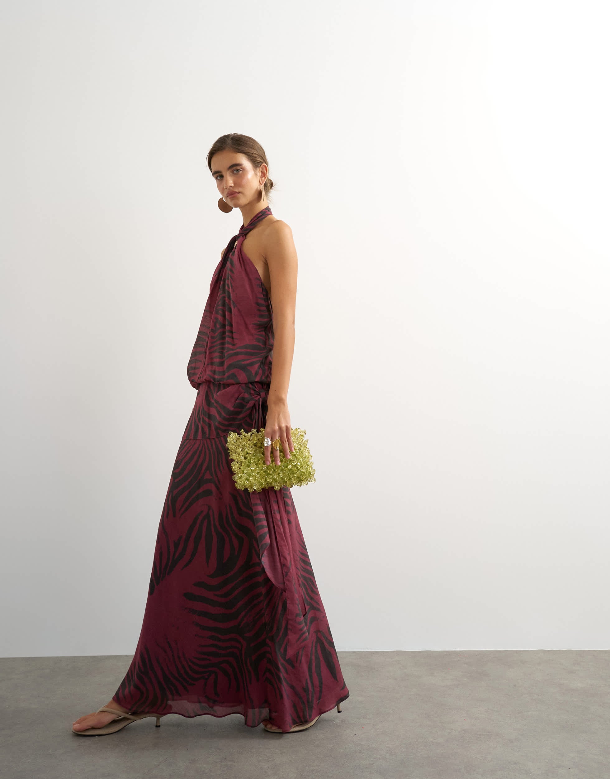 Topshop halter neck dropped waist tie detail maxi dress in burgundy zebra print