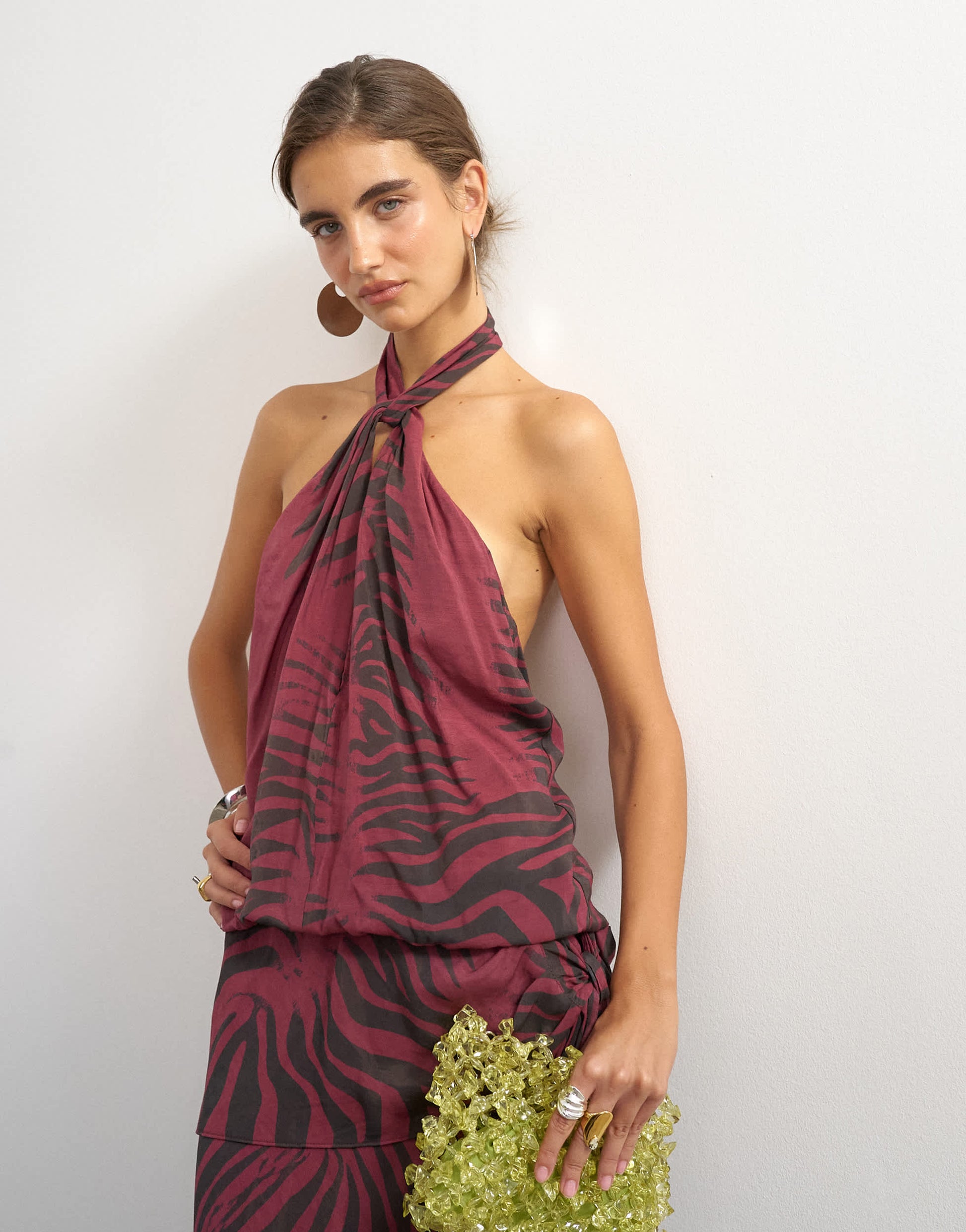 Topshop halter neck dropped waist tie detail maxi dress in burgundy zebra print