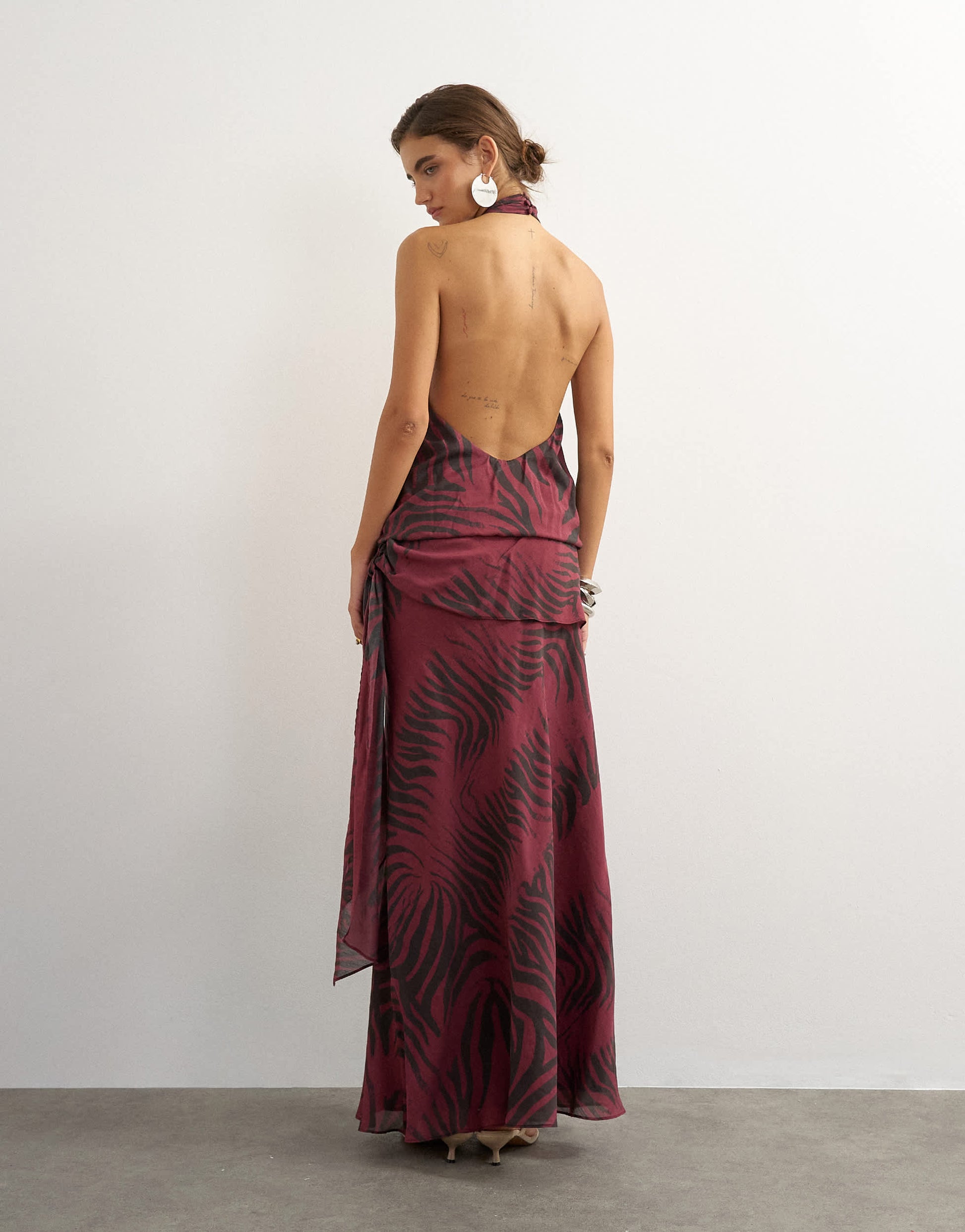 Topshop halter neck dropped waist tie detail maxi dress in burgundy zebra print