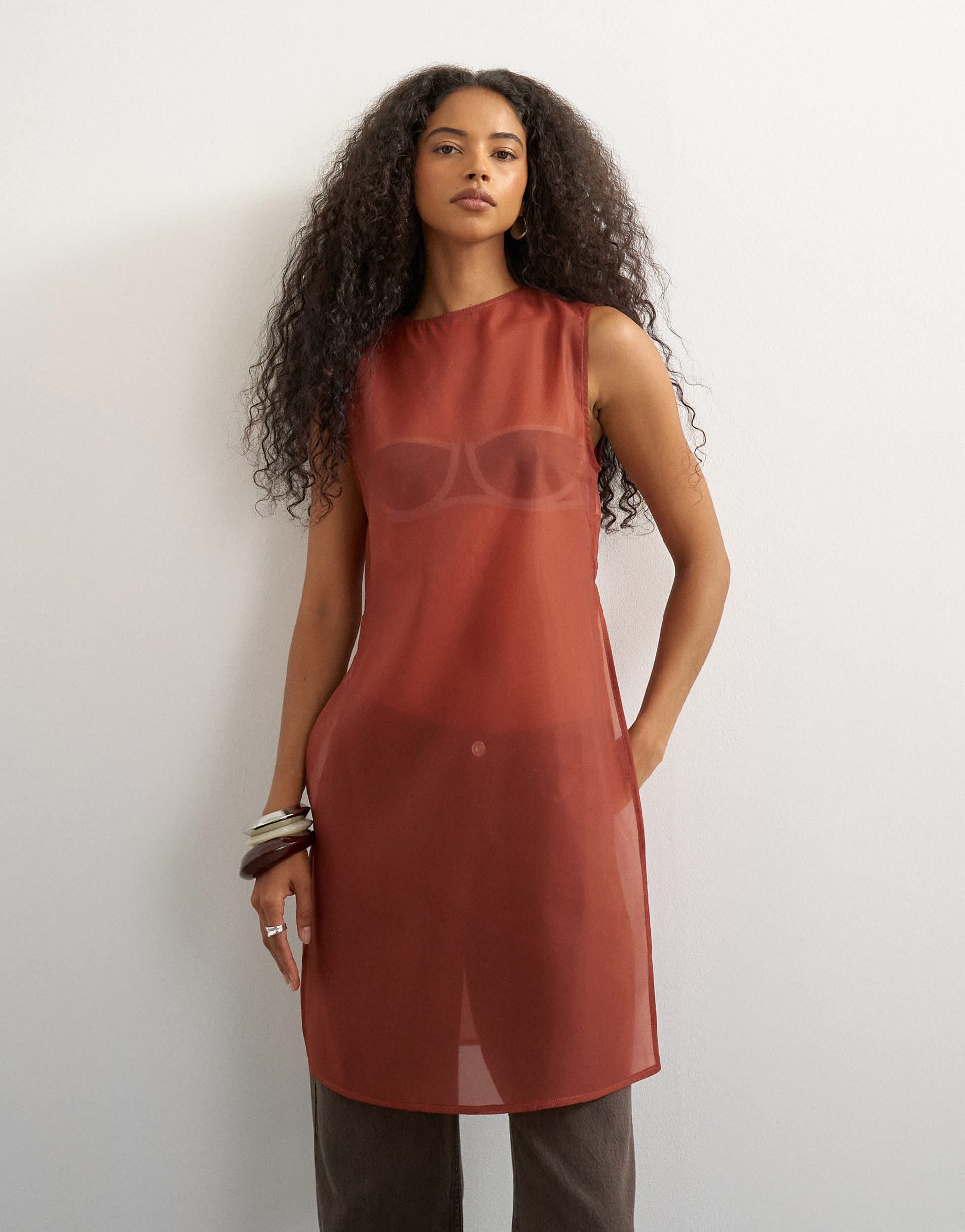 Topshop longline sheer organza tunic in rust
