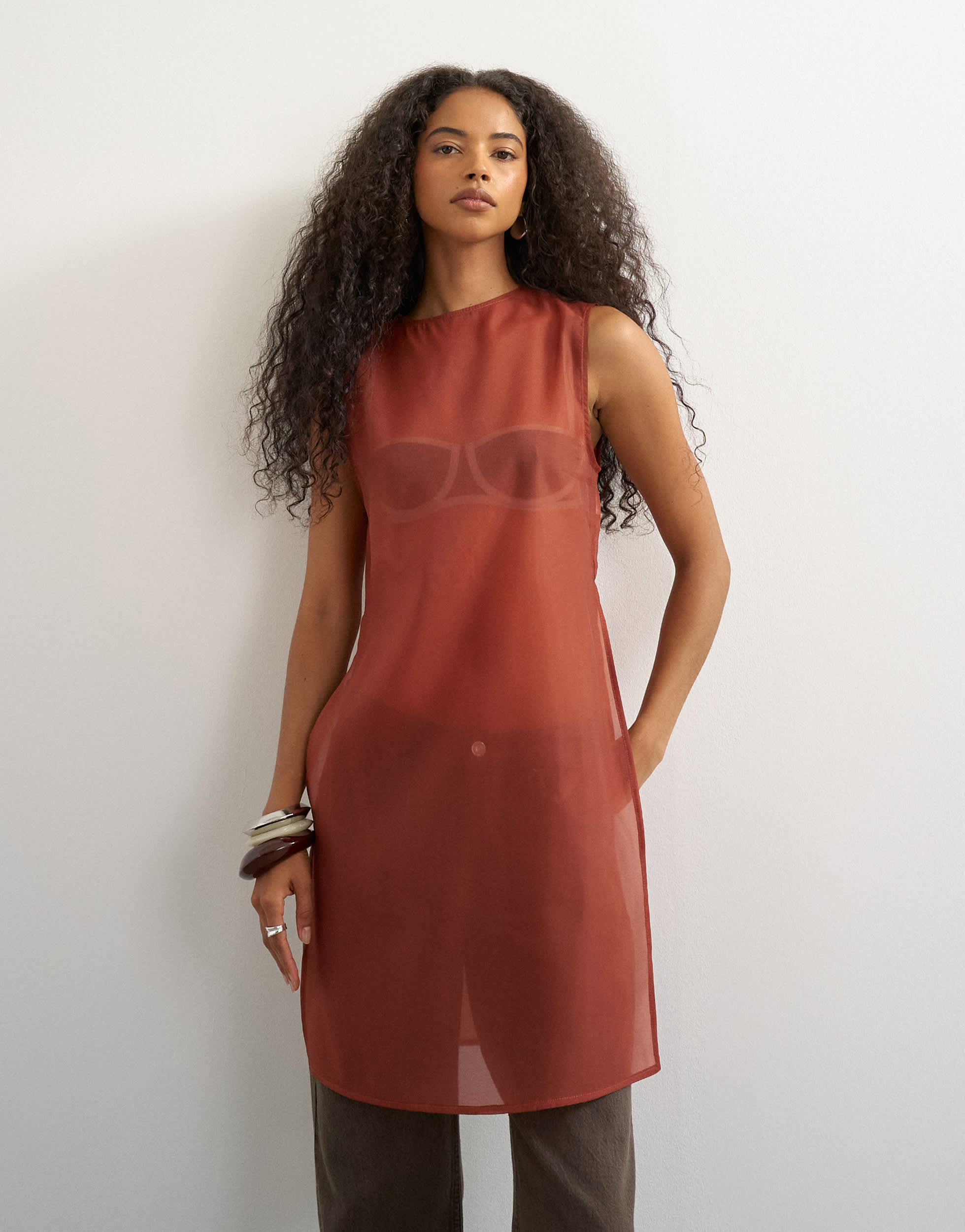 Topshop longline sheer organza tunic in rust