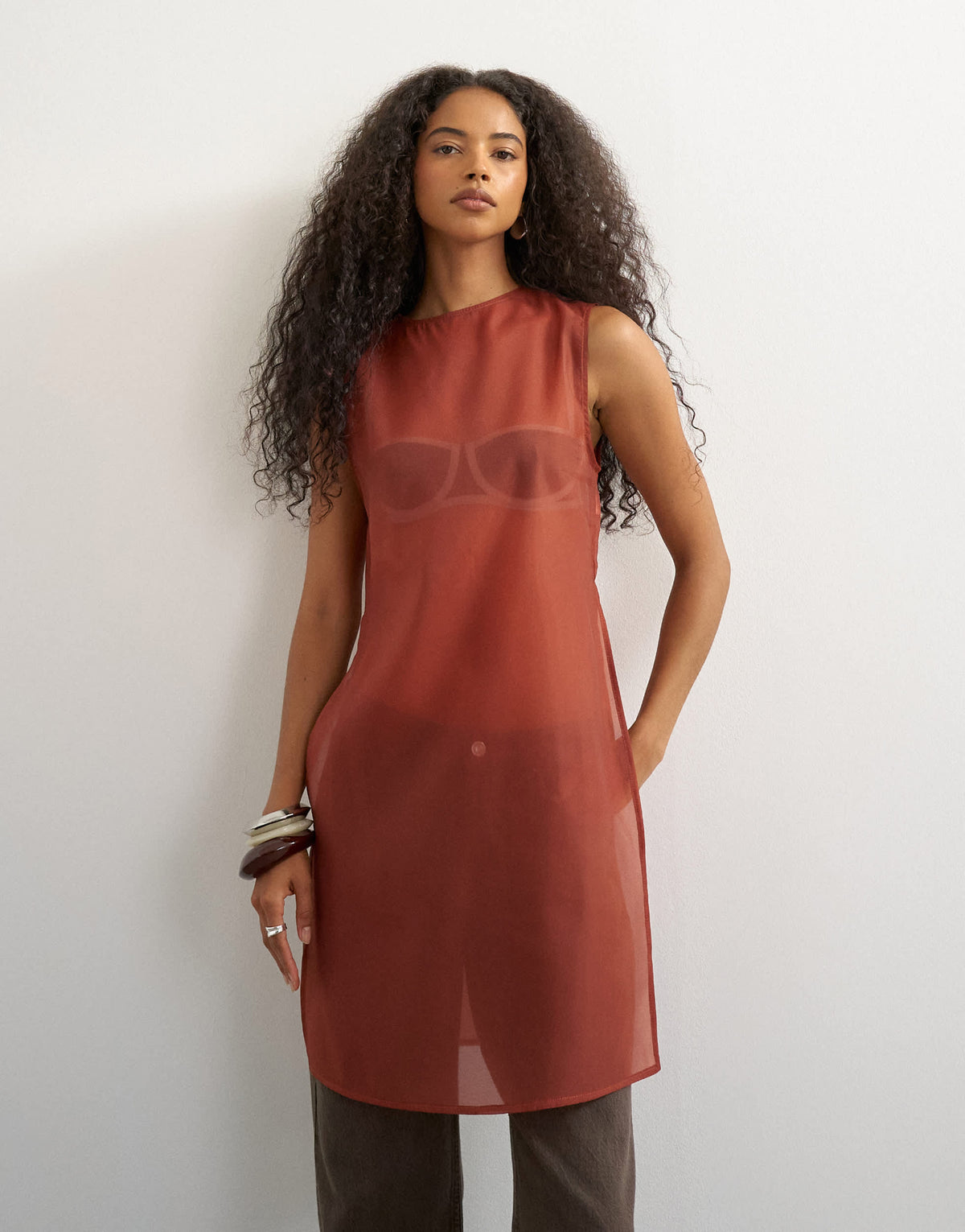 Topshop longline sheer organza tunic in rust