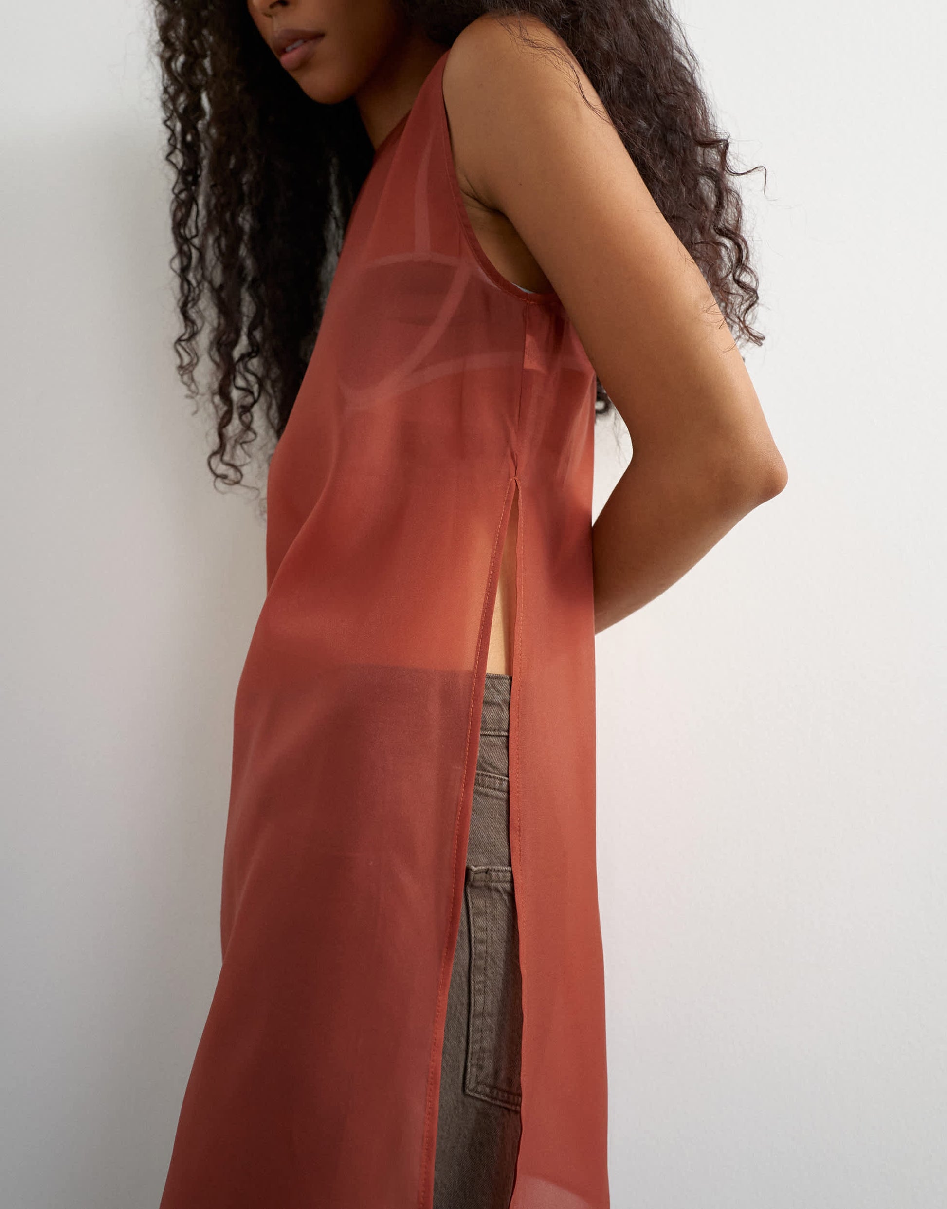 Topshop longline sheer organza tunic in rust