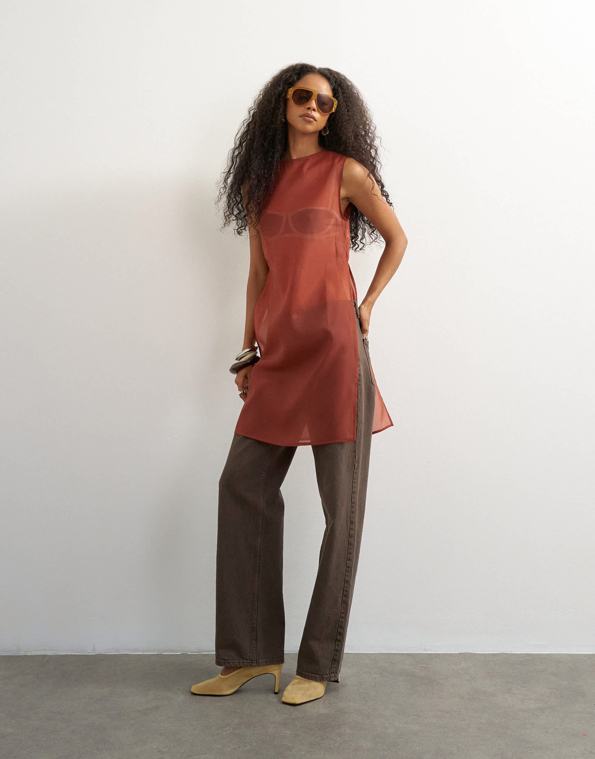 Topshop longline sheer organza tunic in rust