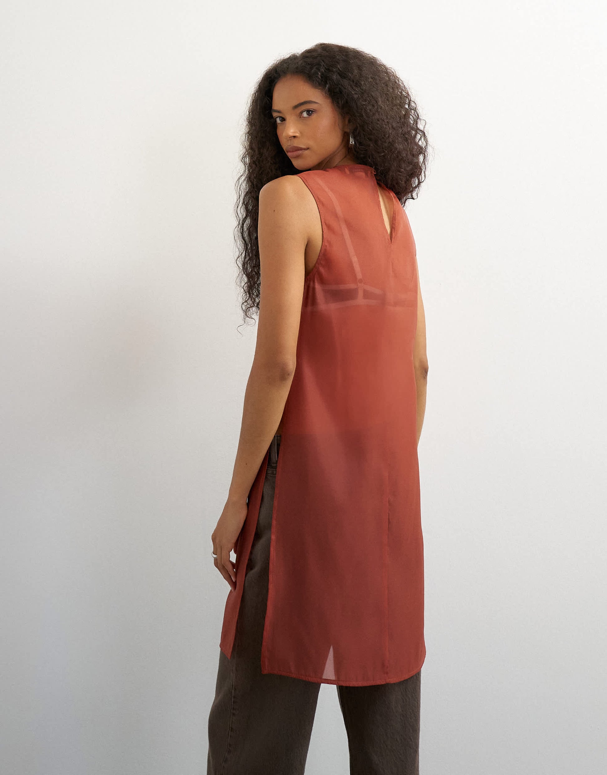 Topshop longline sheer organza tunic in rust