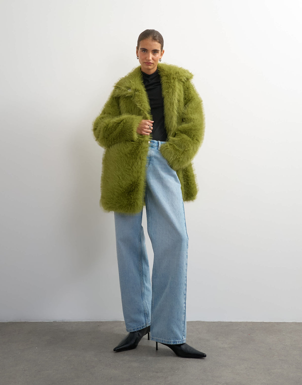 Topshop faux fur midi coat in green