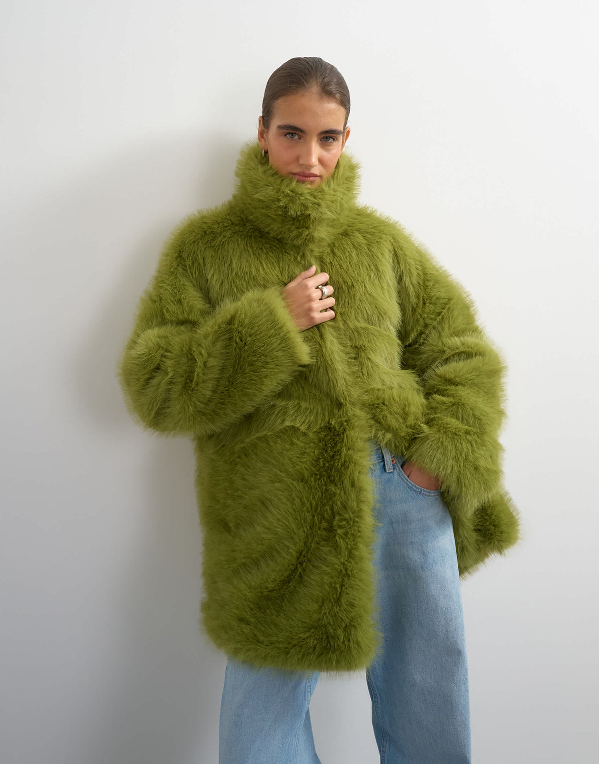 Topshop faux fur midi coat in green