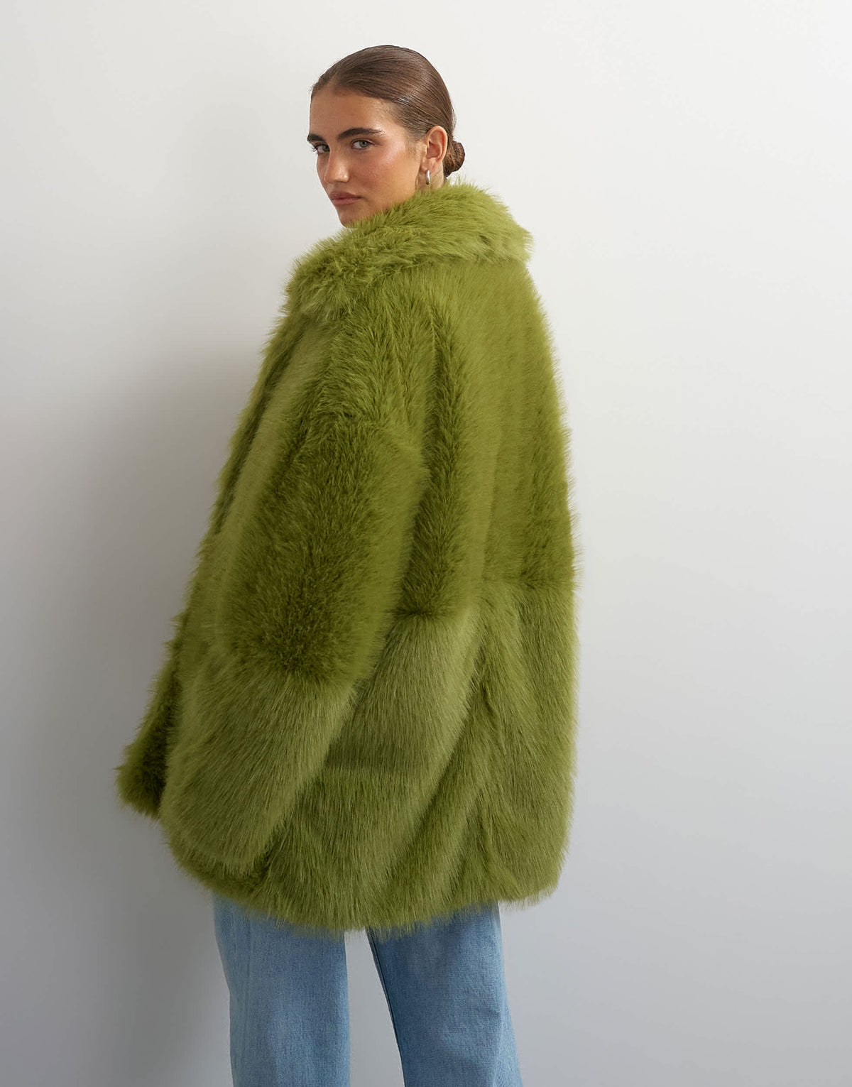 Topshop faux fur midi coat in green