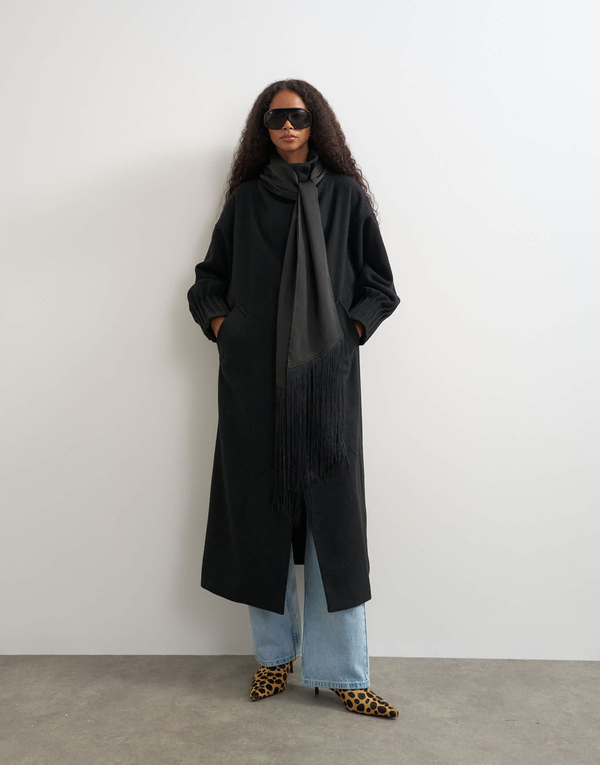 Topshop fringe detail belted longline coat with wool in black