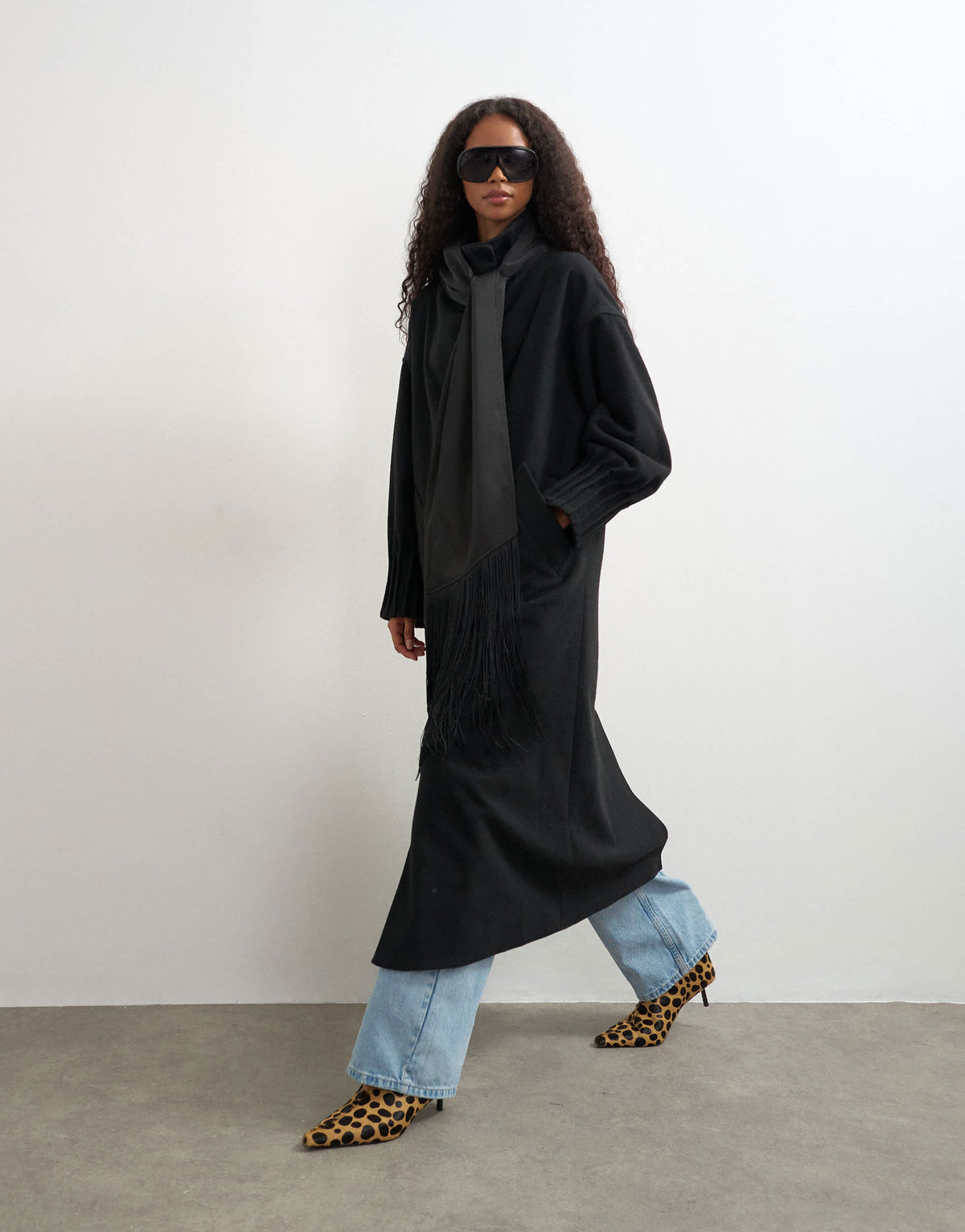 Topshop fringe detail belted longline coat with wool in black