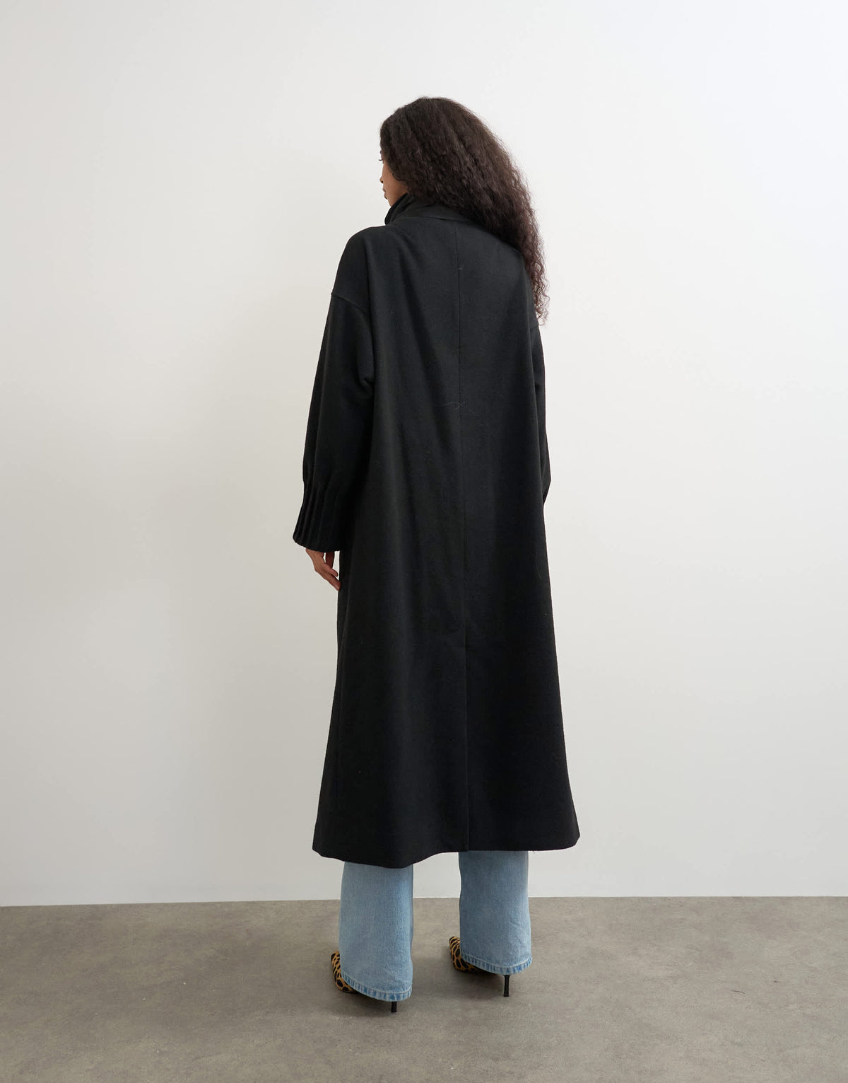 Topshop fringe detail belted longline coat with wool in black