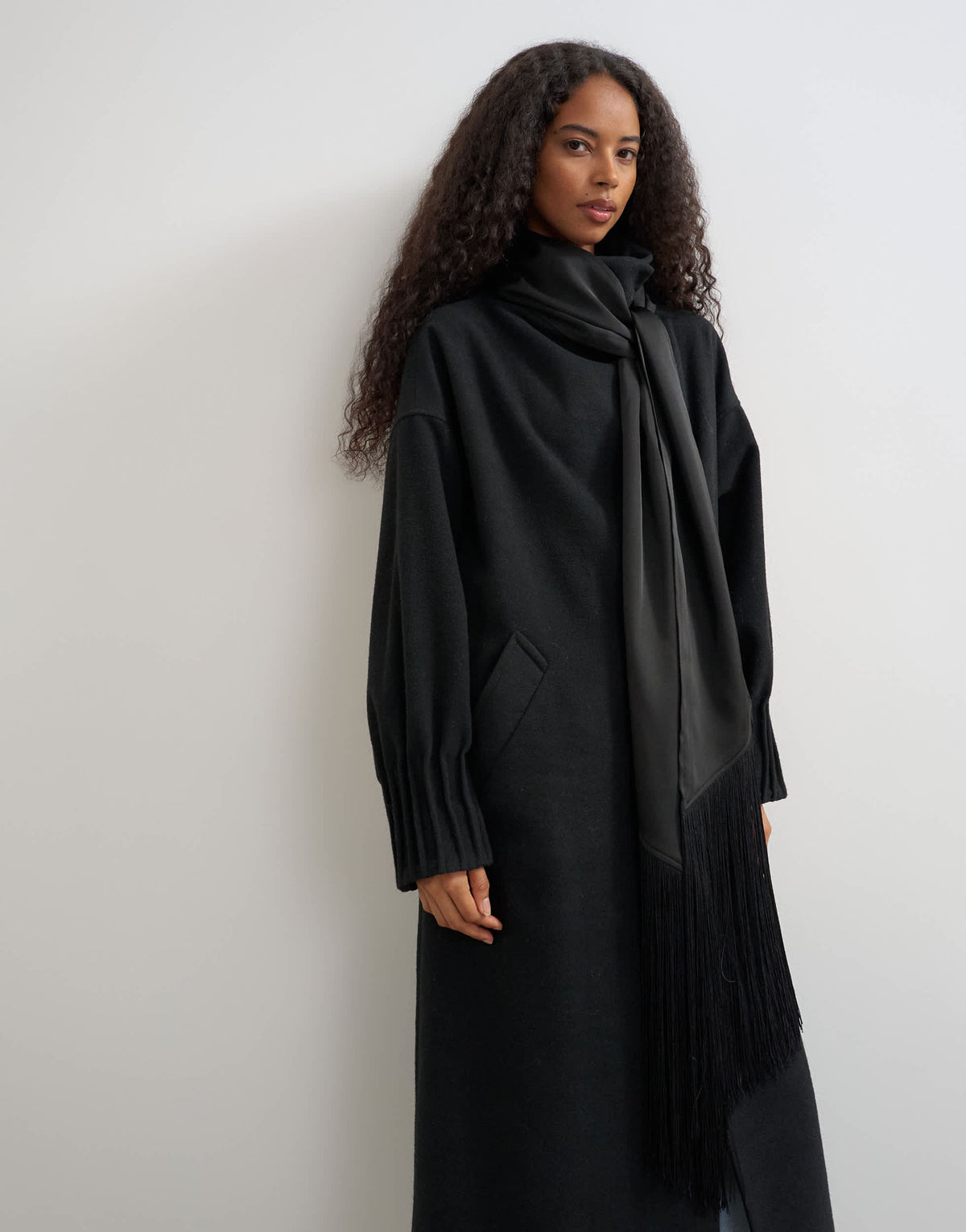 Topshop fringe detail belted longline coat with wool in black