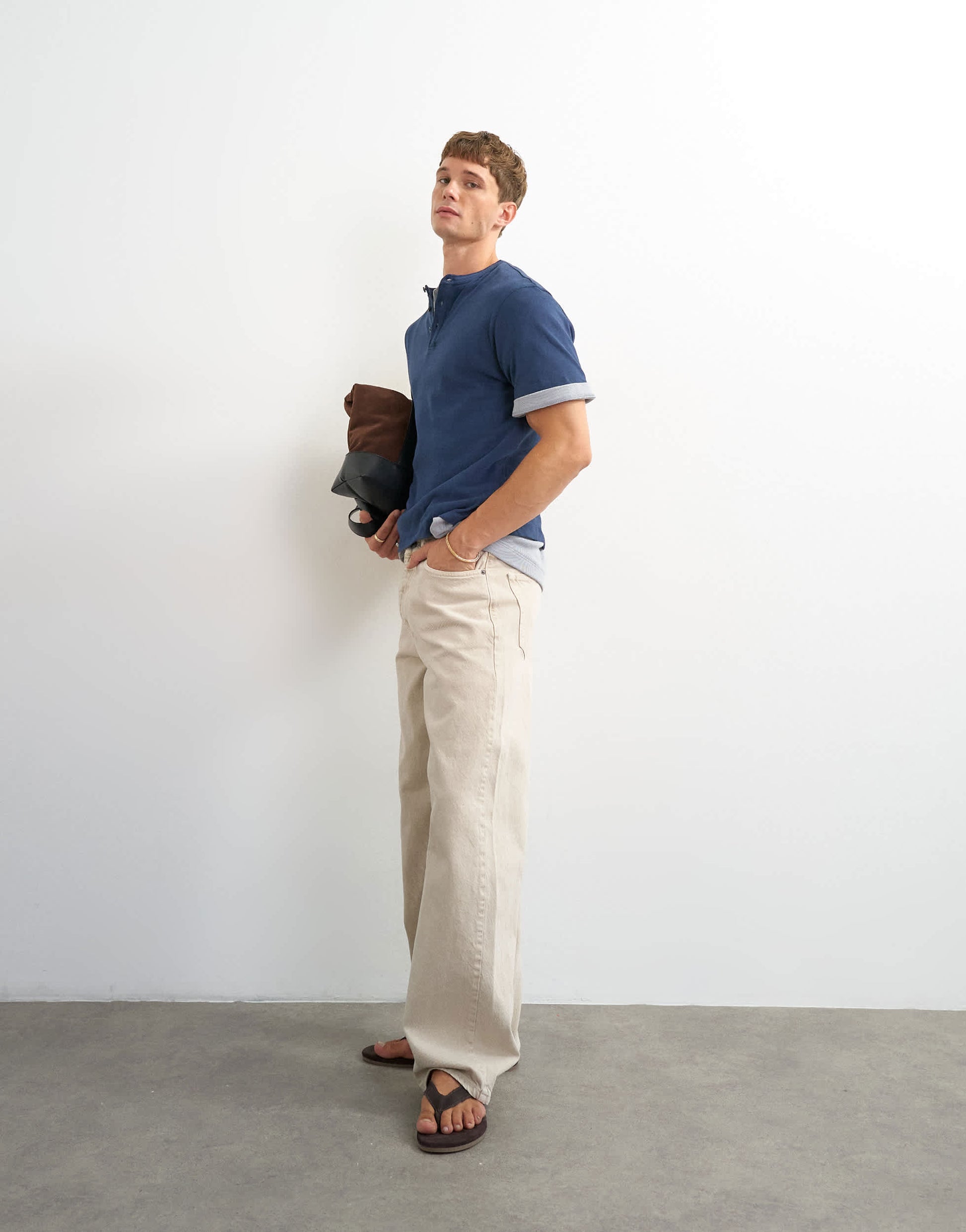 Topman relaxed fit linen mix henley t-shirt in navy