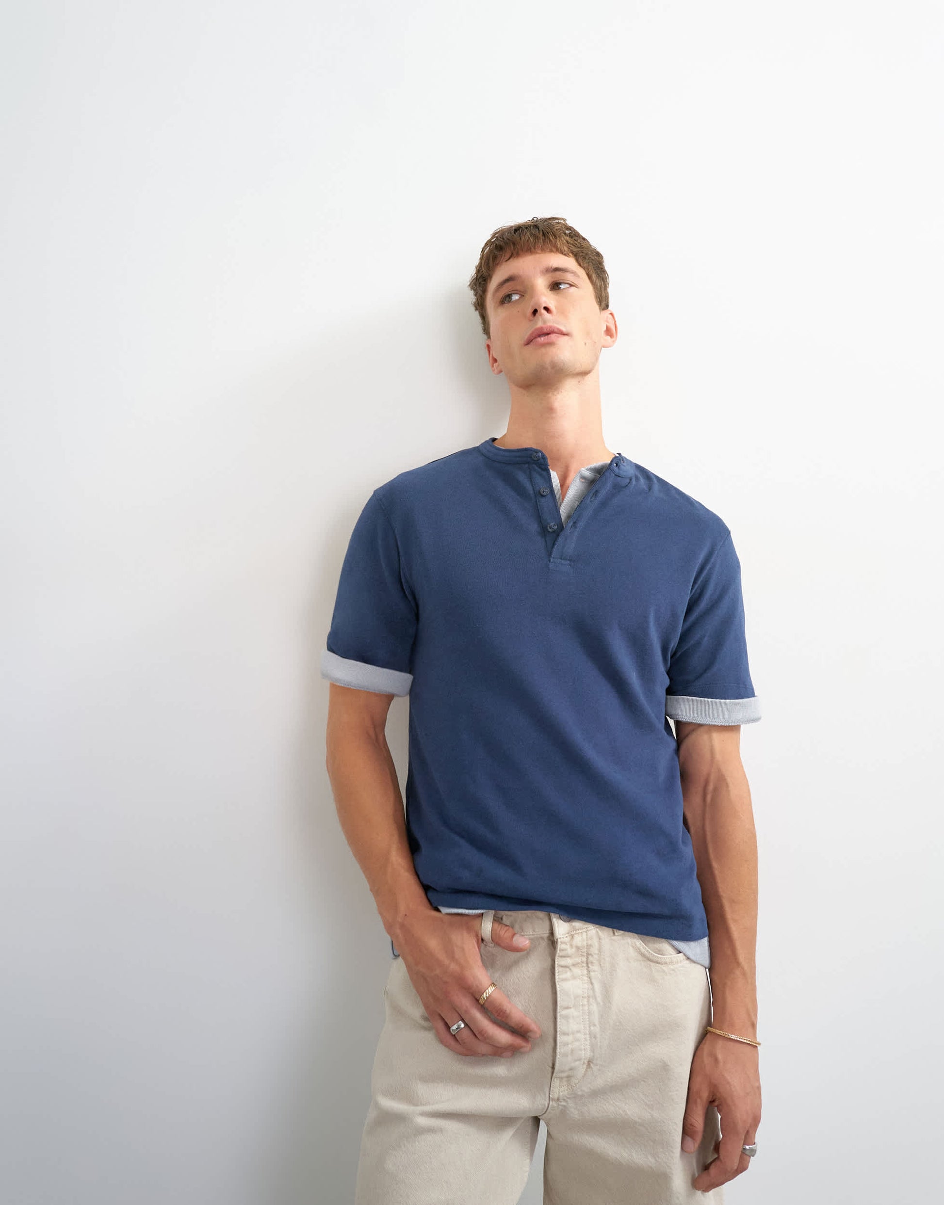 Topman relaxed fit linen mix henley t-shirt in navy