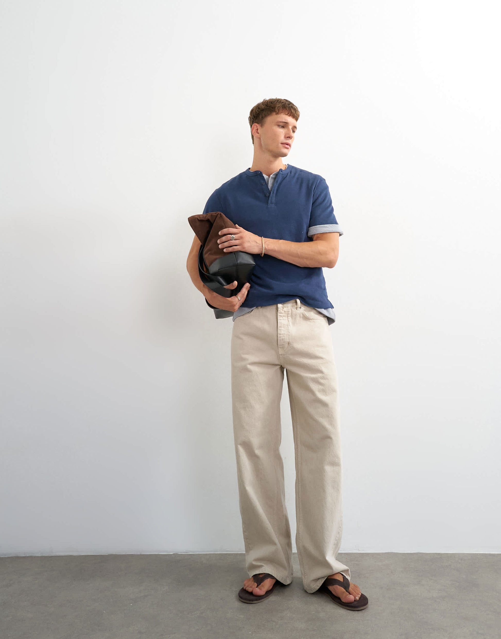 Topman relaxed fit linen mix henley t-shirt in navy