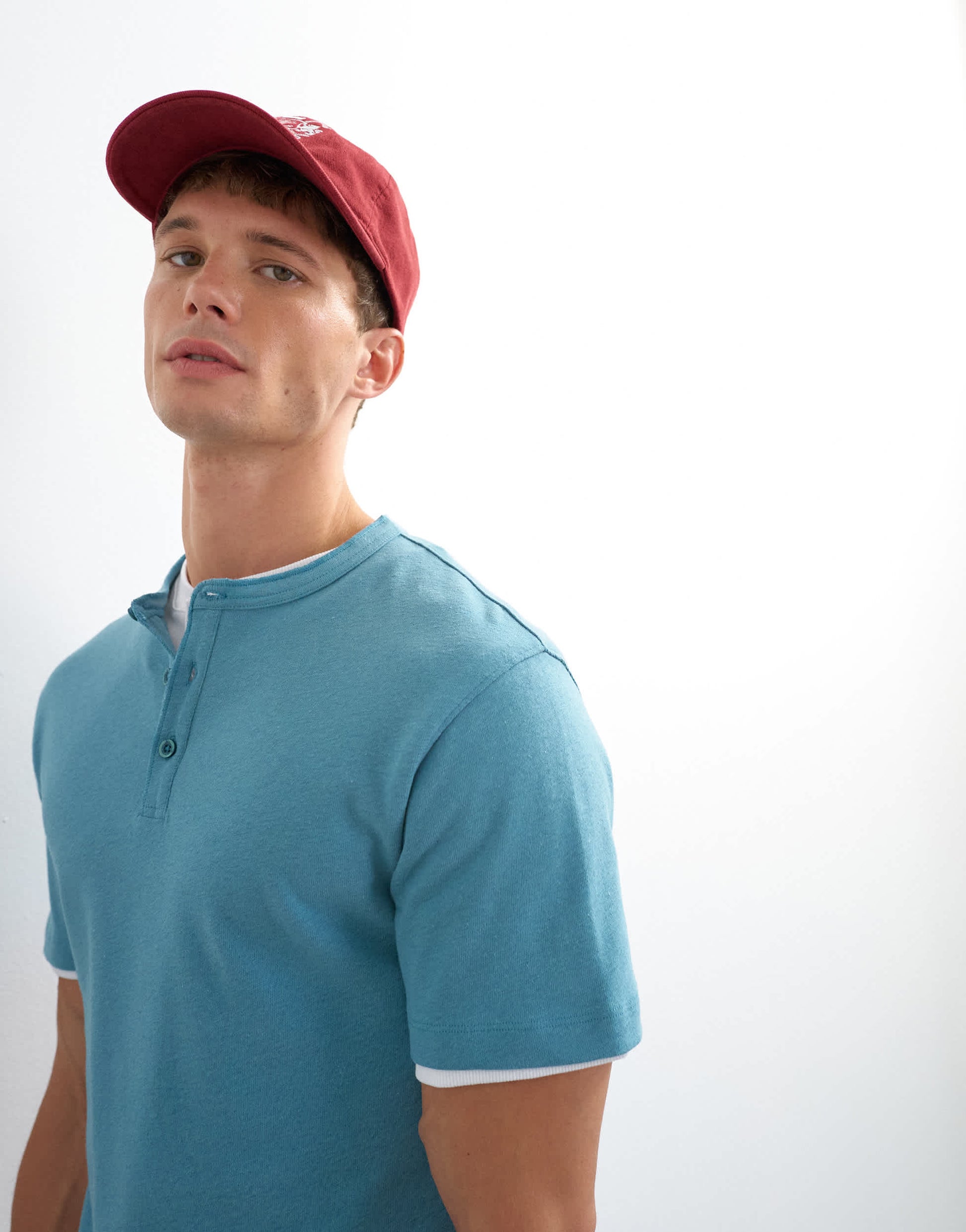 Topman relaxed fit linen mix henley t-shirt in petrol blue
