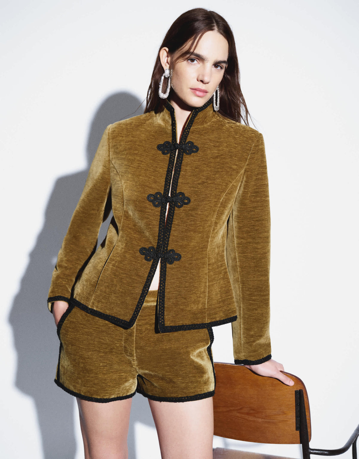 Topshop co-ord velvet knot detail jacket with nero collar in green