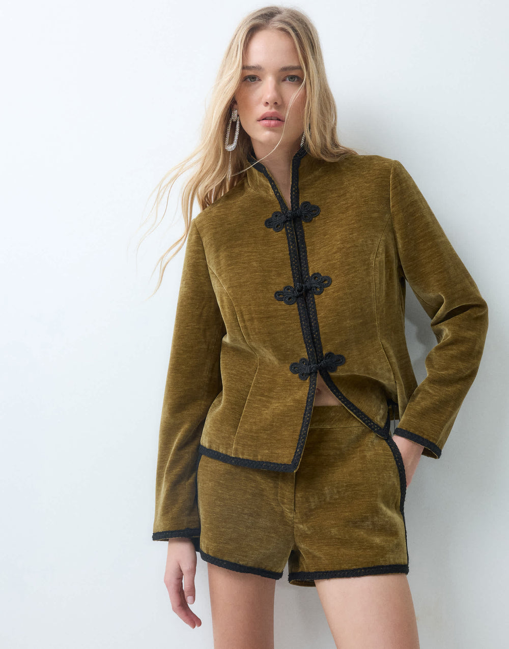 Topshop co-ord velvet knot detail jacket with nero collar in green
