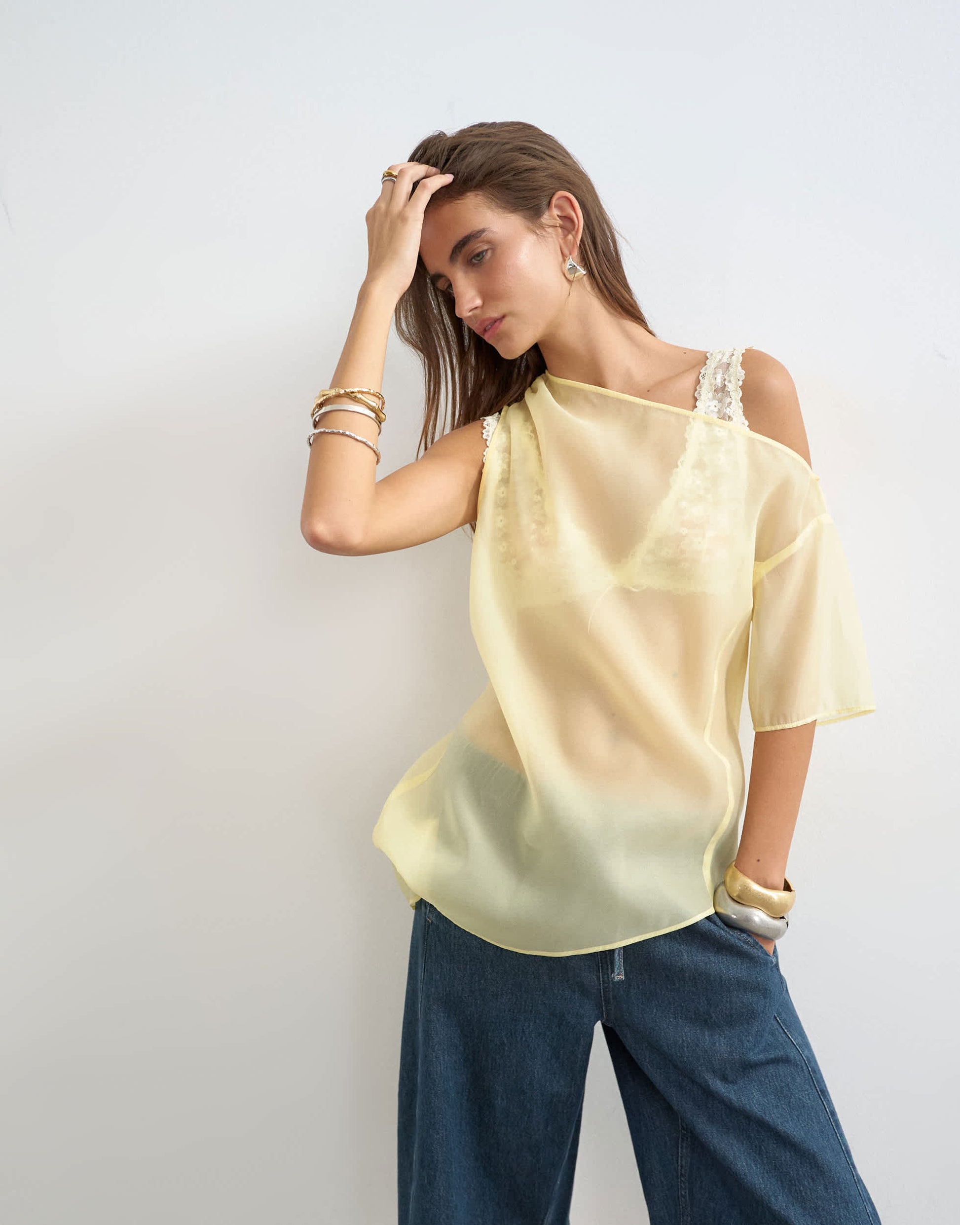 Topshop one shoulder organza top in lemon