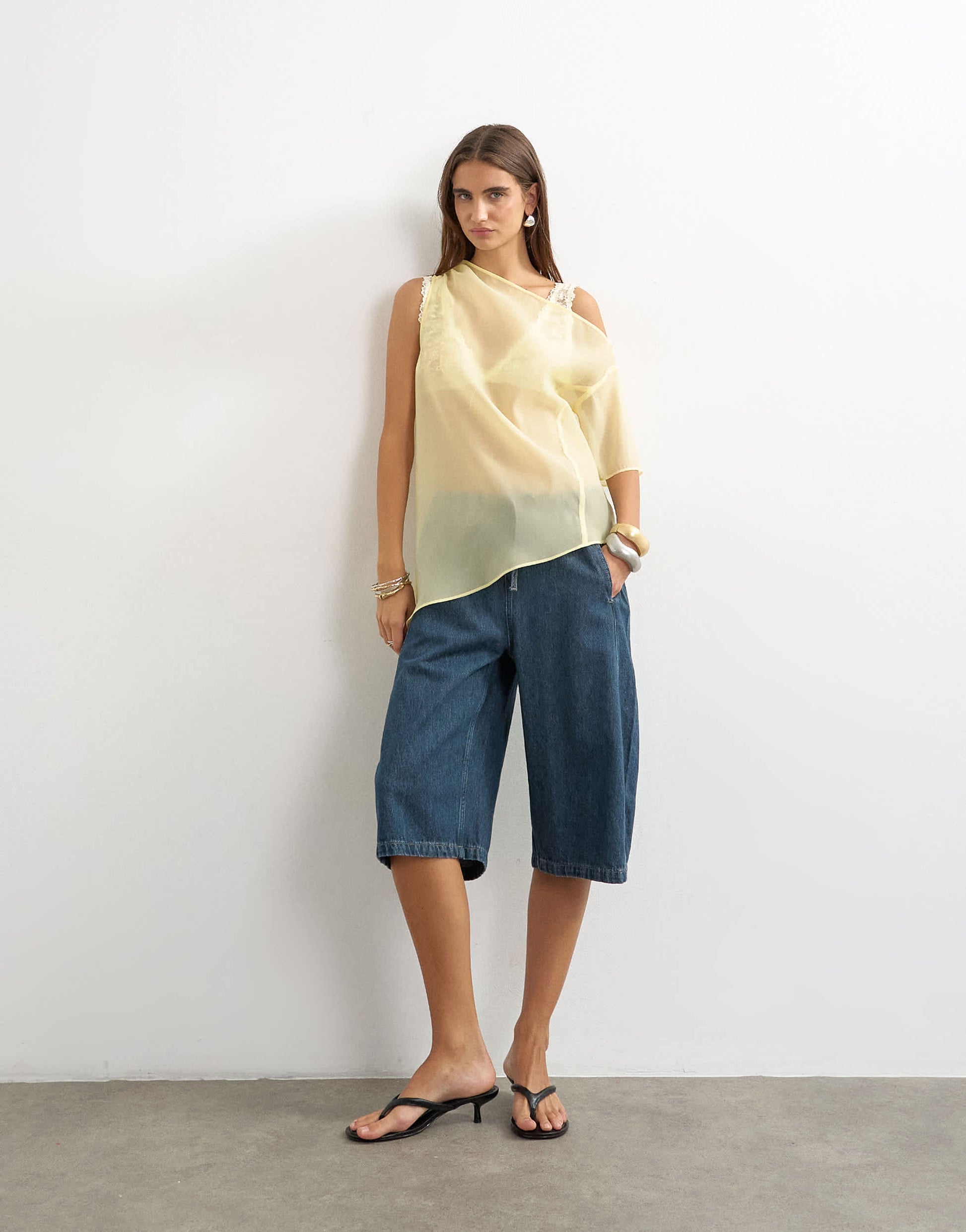 Topshop one shoulder organza top in lemon