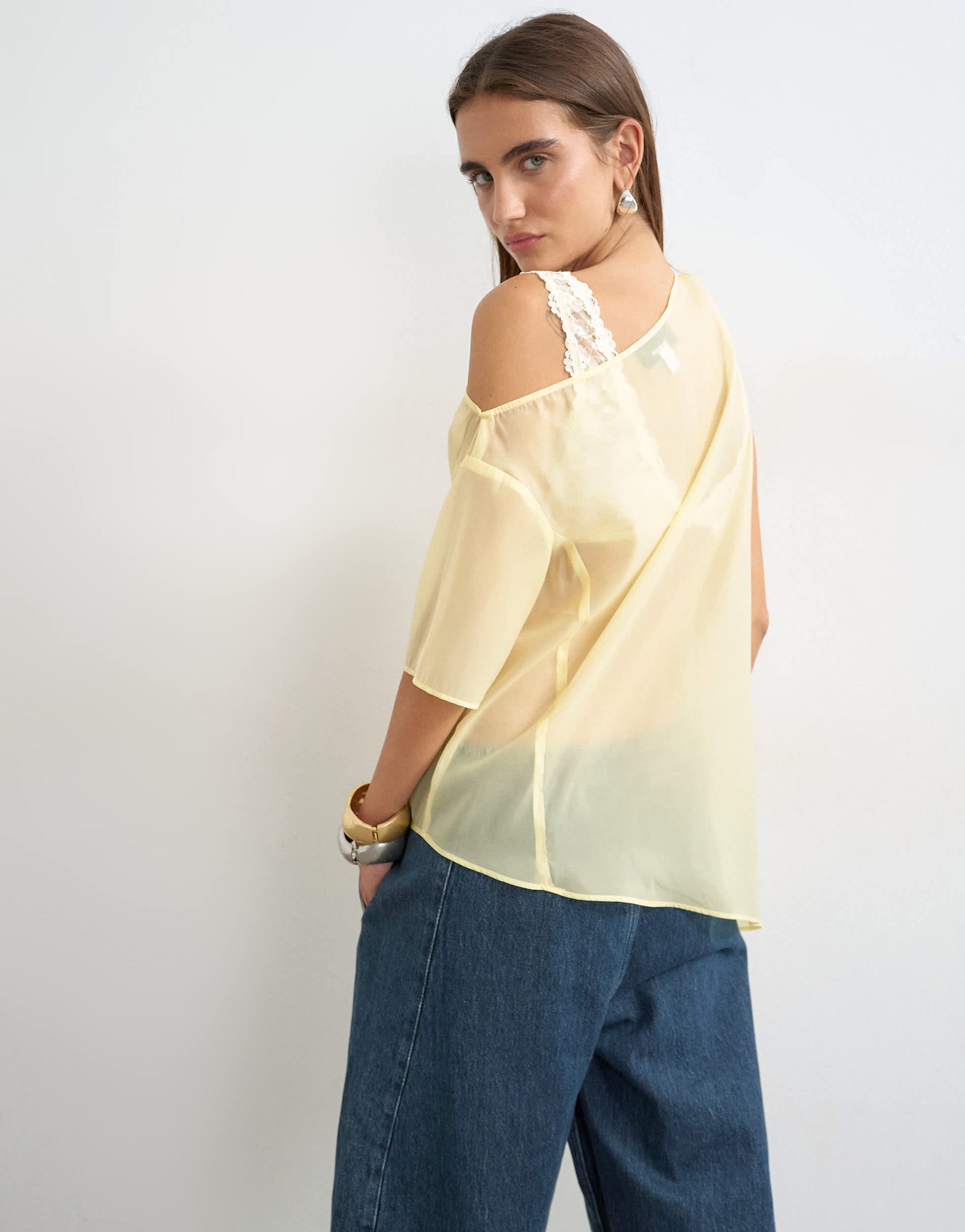 Topshop one shoulder organza top in lemon