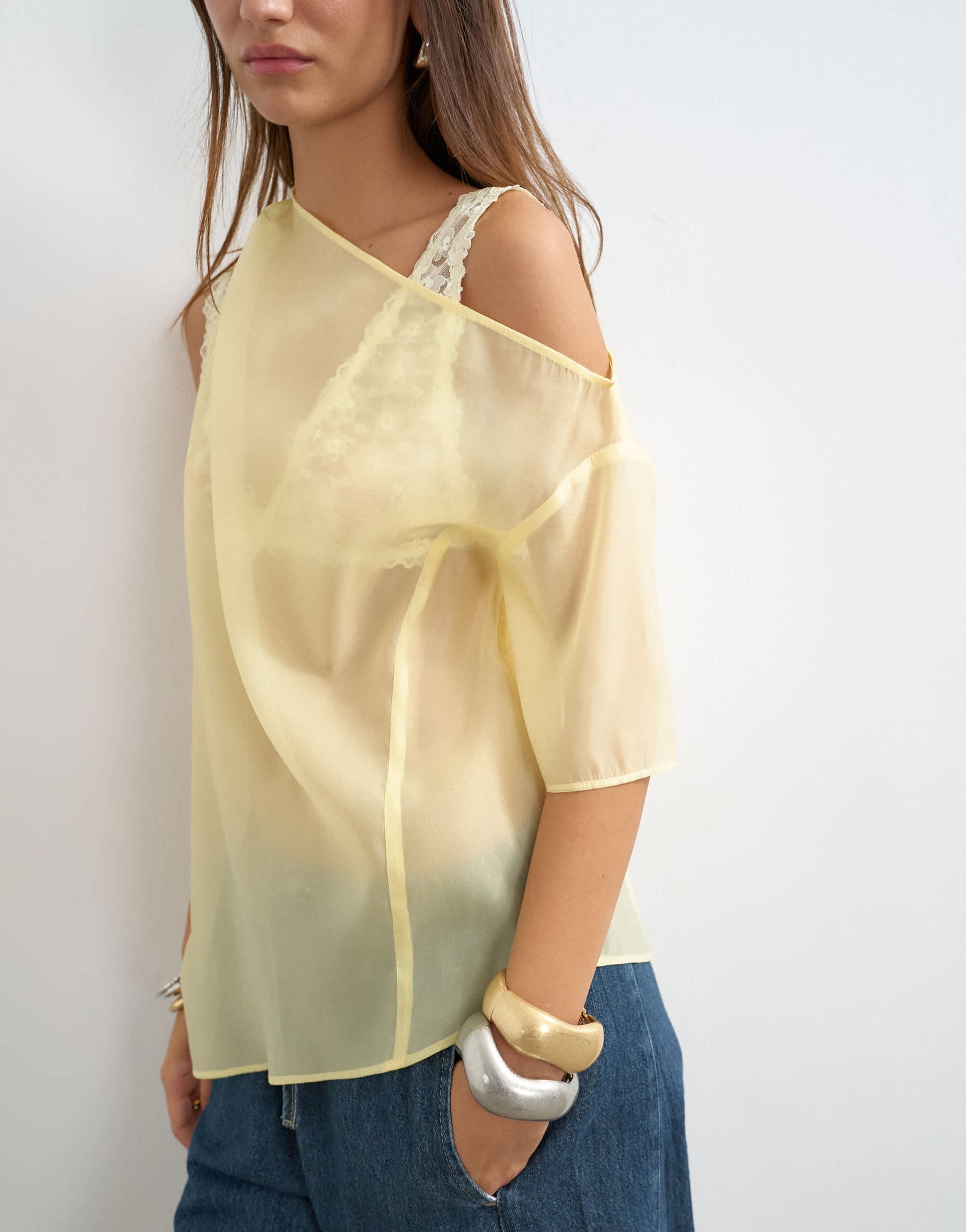 Topshop one shoulder organza top in lemon