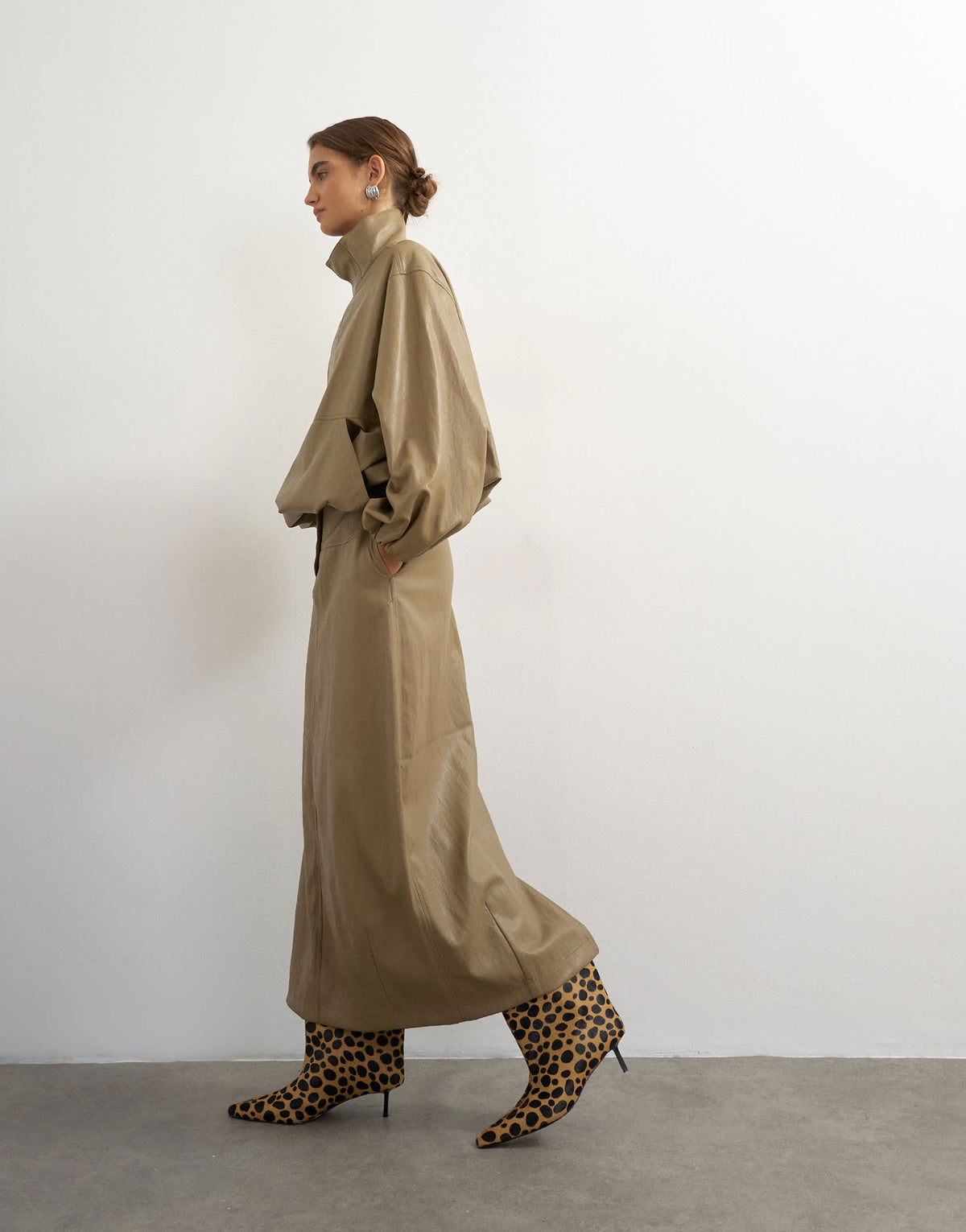 Topshop faux leather barrel midi skirt in taupe