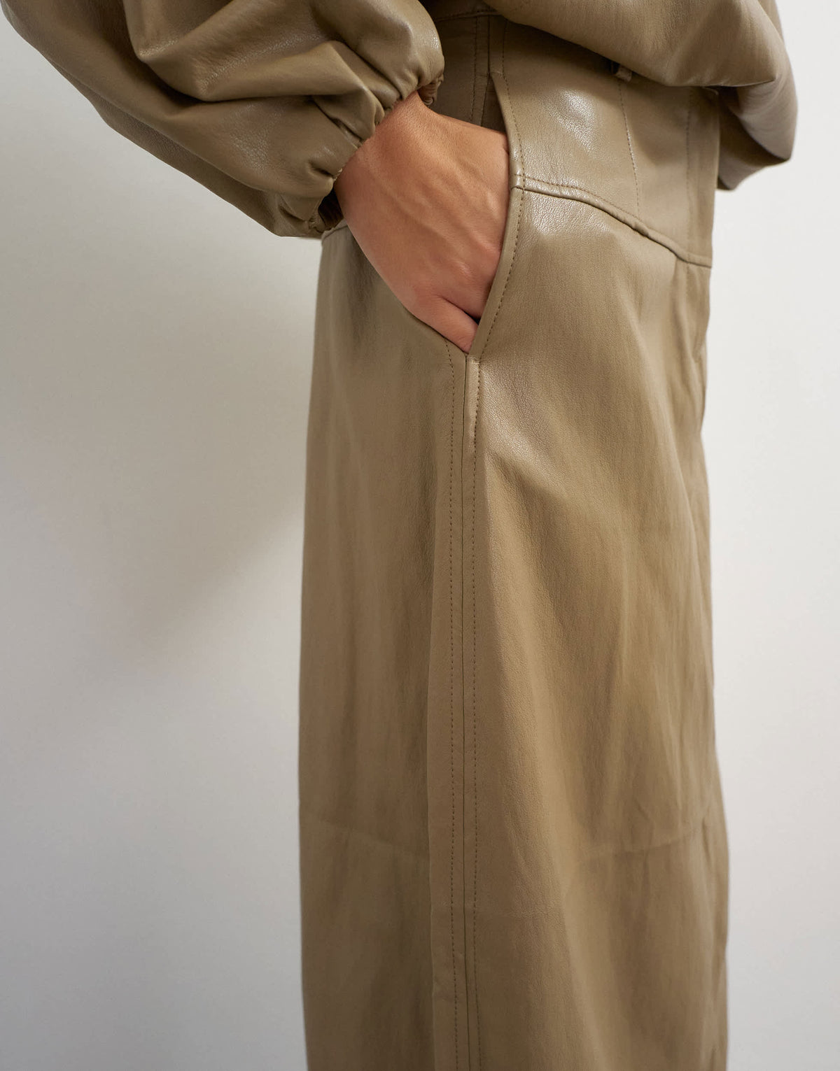 Topshop faux leather barrel midi skirt in taupe