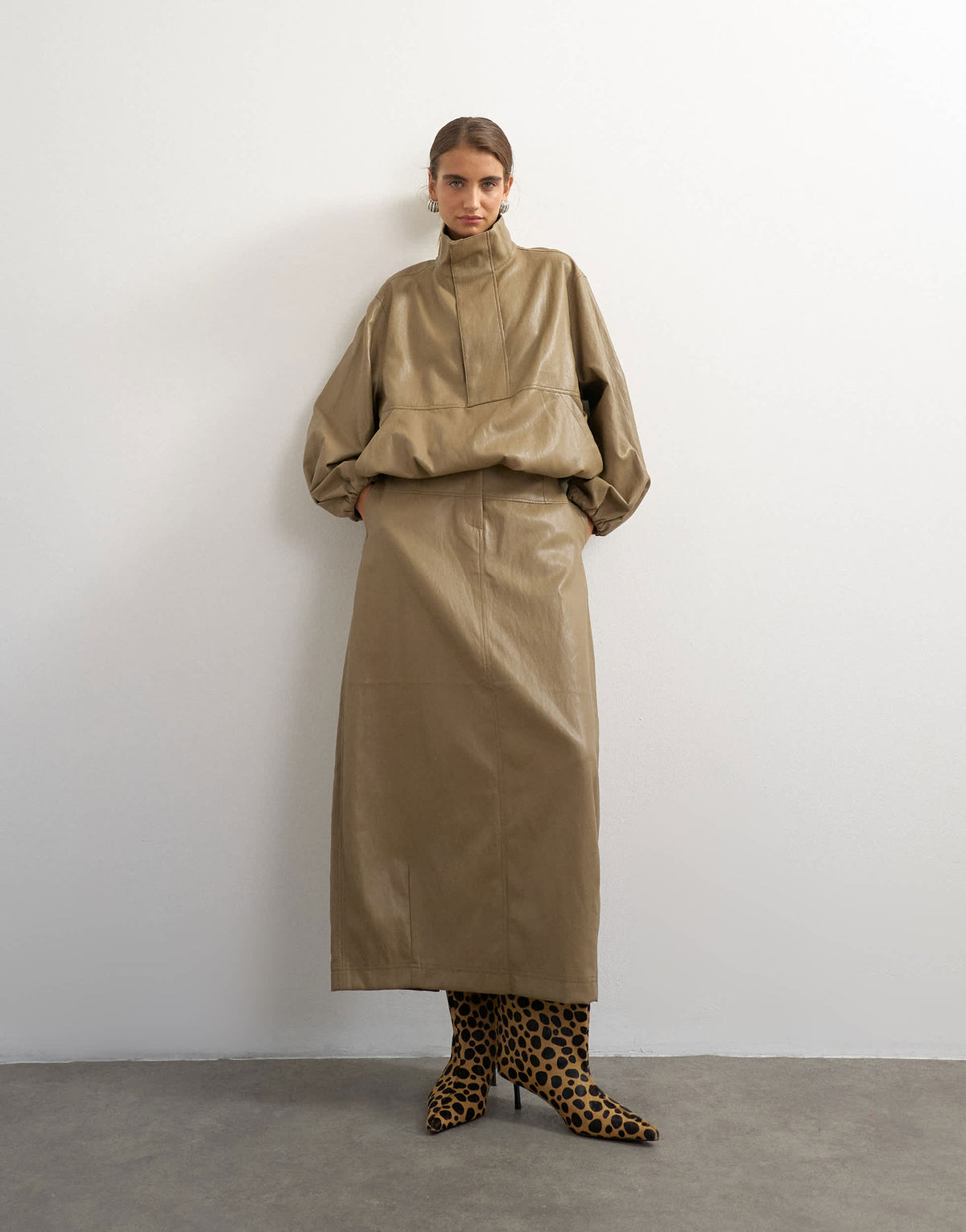 Topshop faux leather barrel midi skirt in taupe