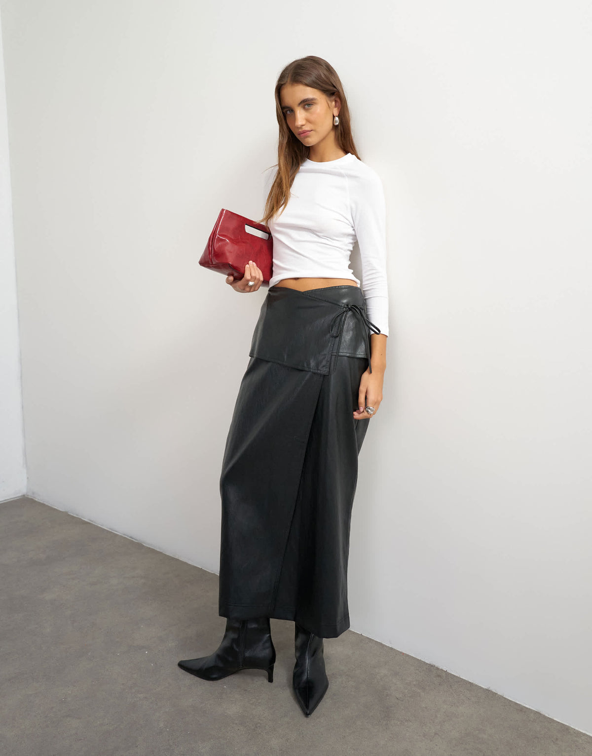 Topshop faux leather wrap tie detail maxi skirt in black