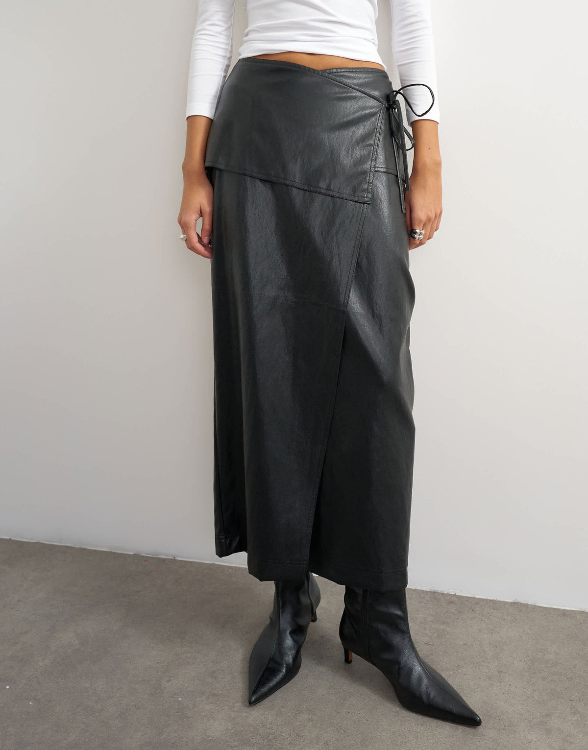 Topshop faux leather wrap tie detail maxi skirt in black