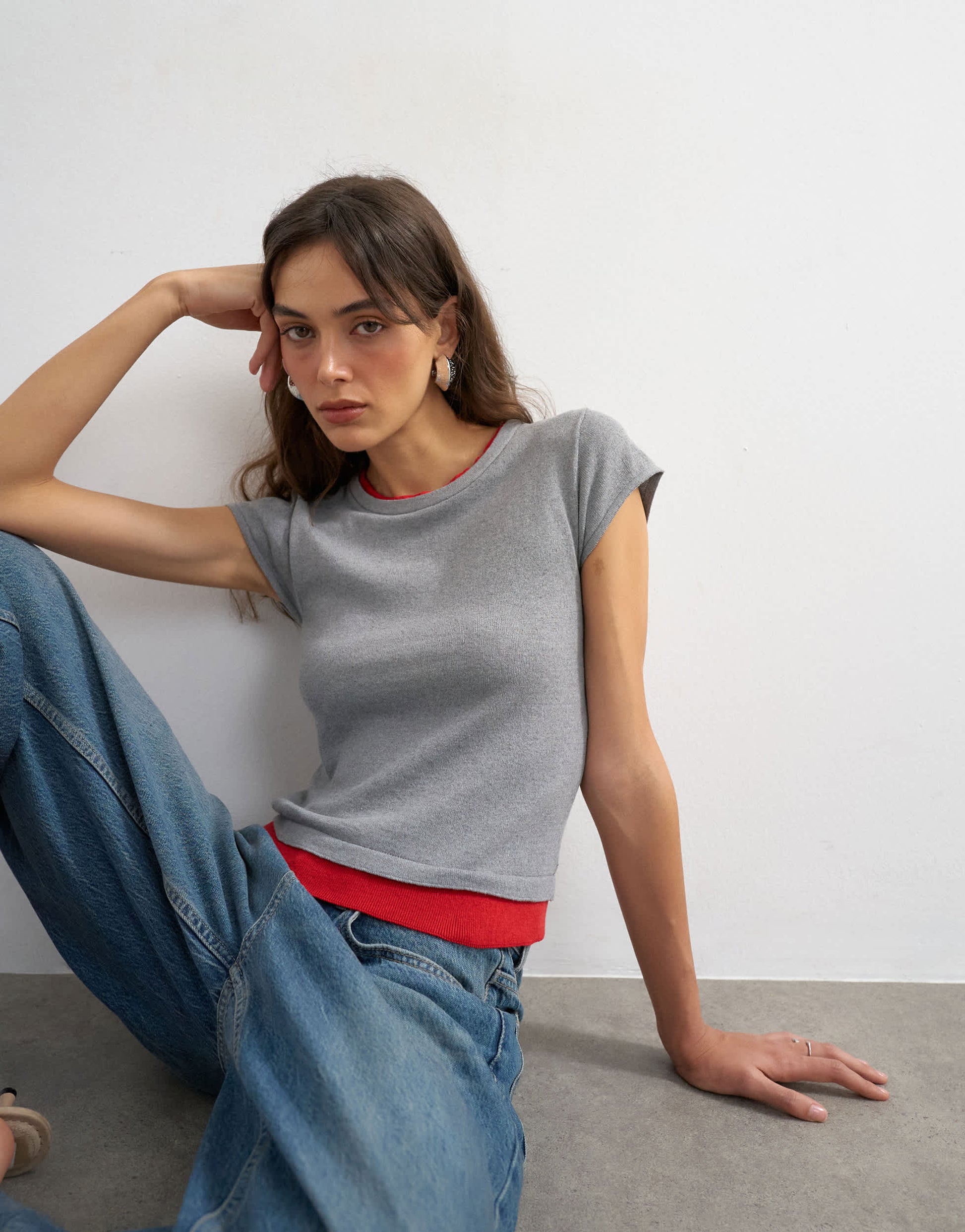 Topshop knitted double layer t-shirt in red and grey
