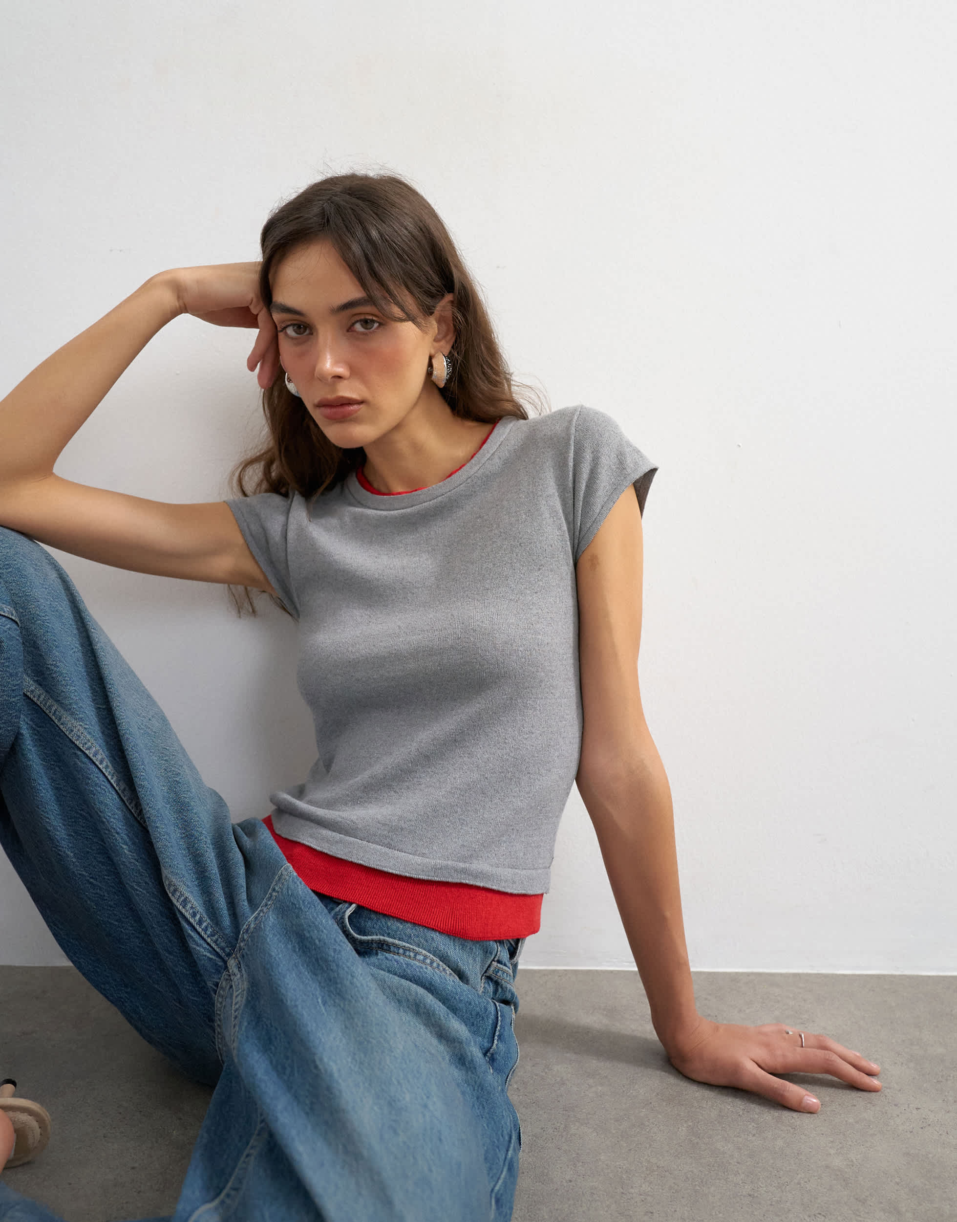 Topshop knitted double layer t-shirt in red and grey
