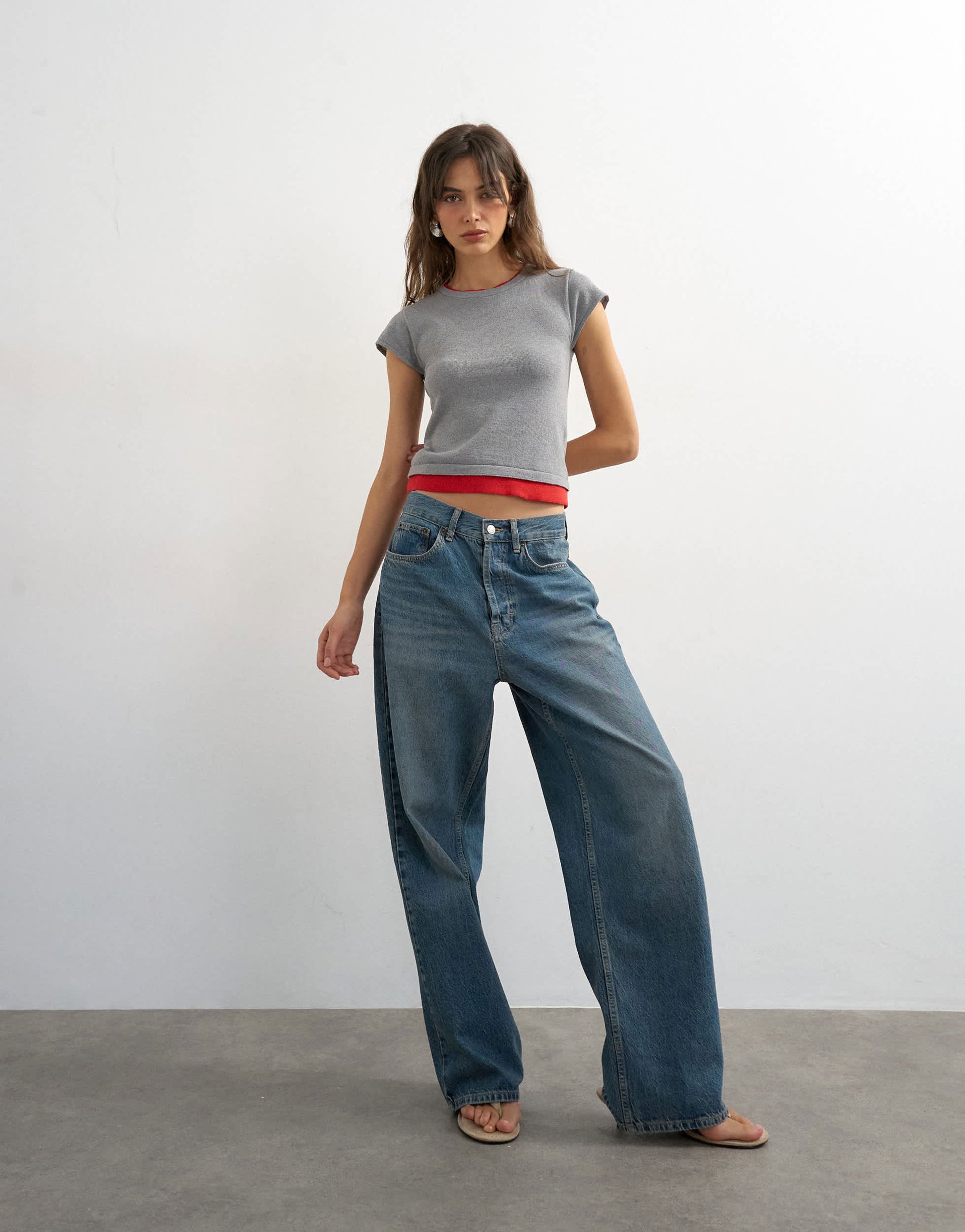 Topshop knitted double layer t-shirt in red and grey