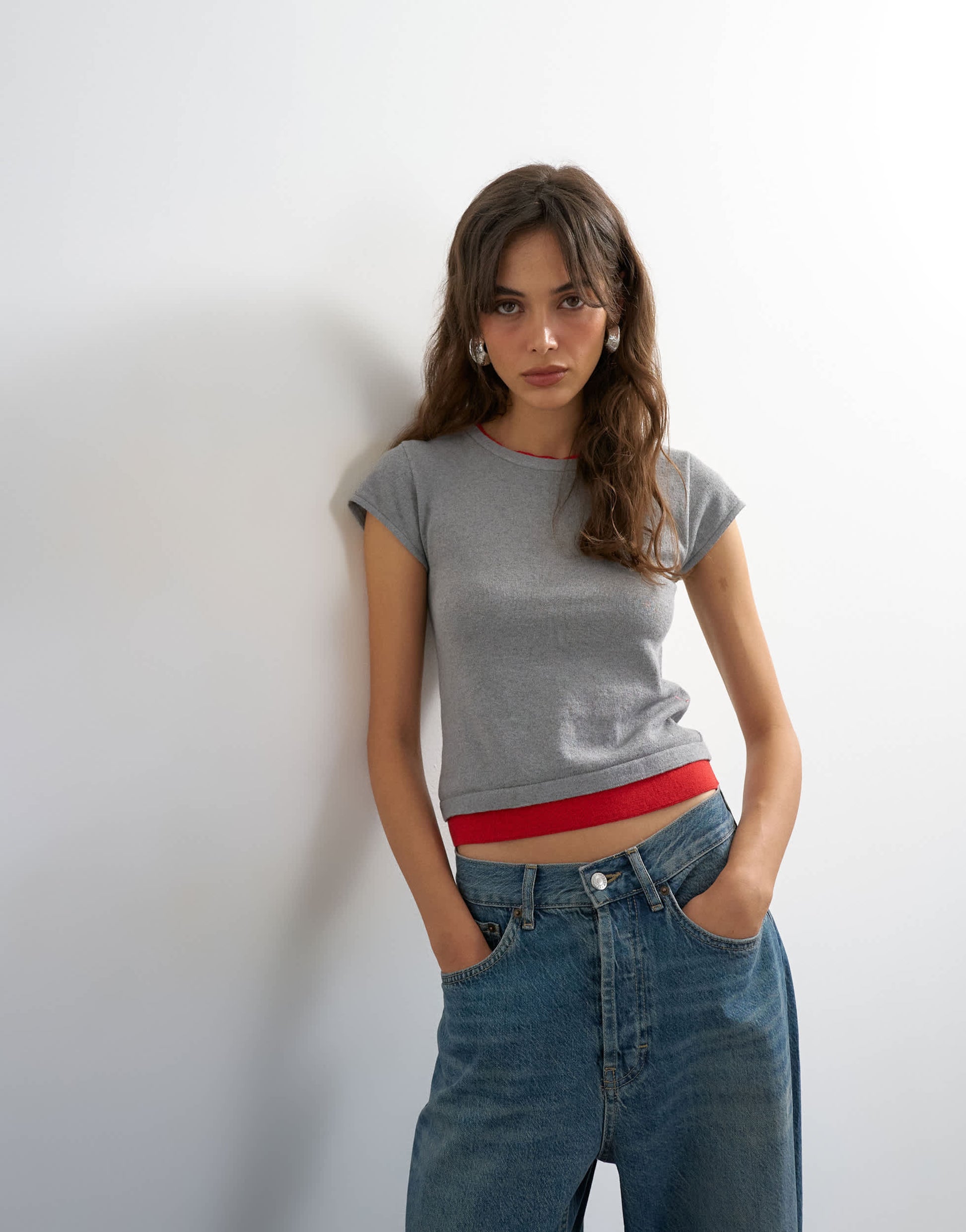 Topshop knitted double layer t-shirt in red and grey
