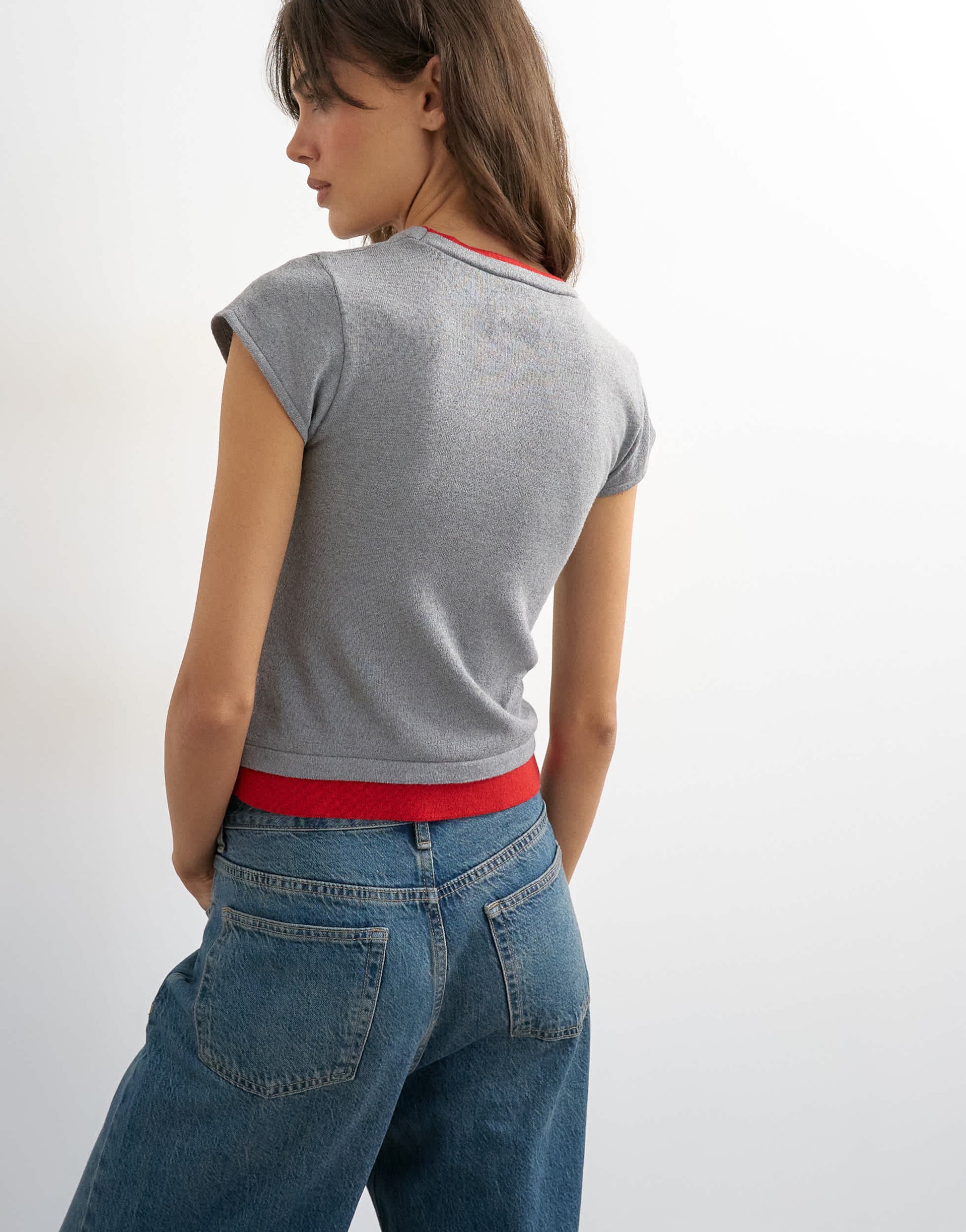 Topshop knitted double layer t-shirt in red and grey