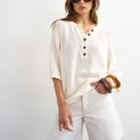 Topshop knitted henley t-shirt in ivory