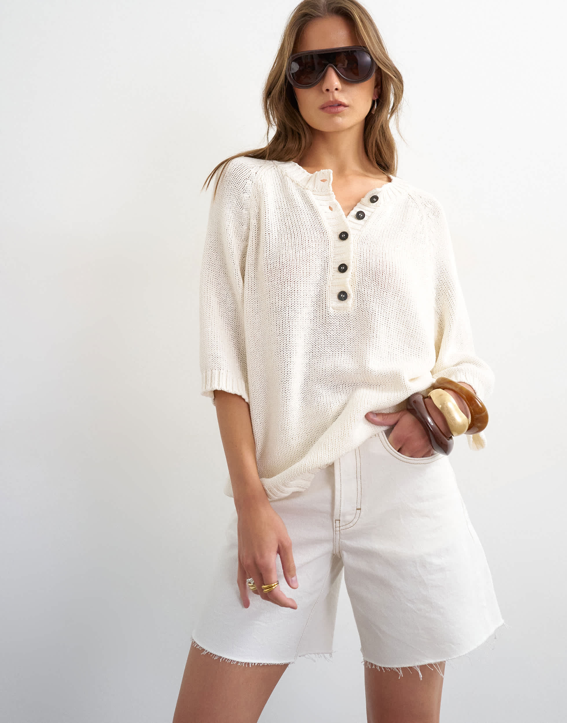 Topshop knitted henley t-shirt in ivory