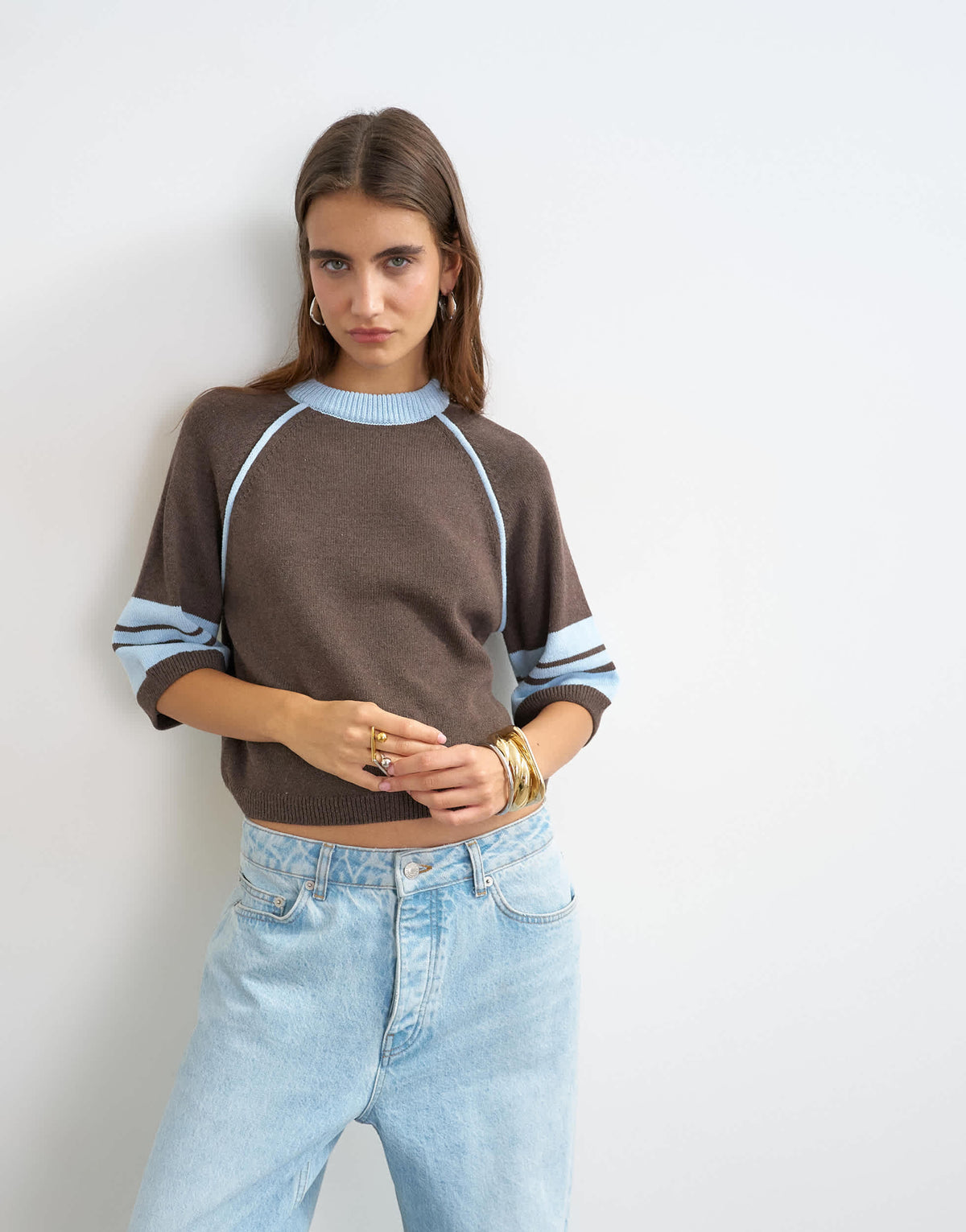 Topshop knitted short sleeve top with blue tipping in brown