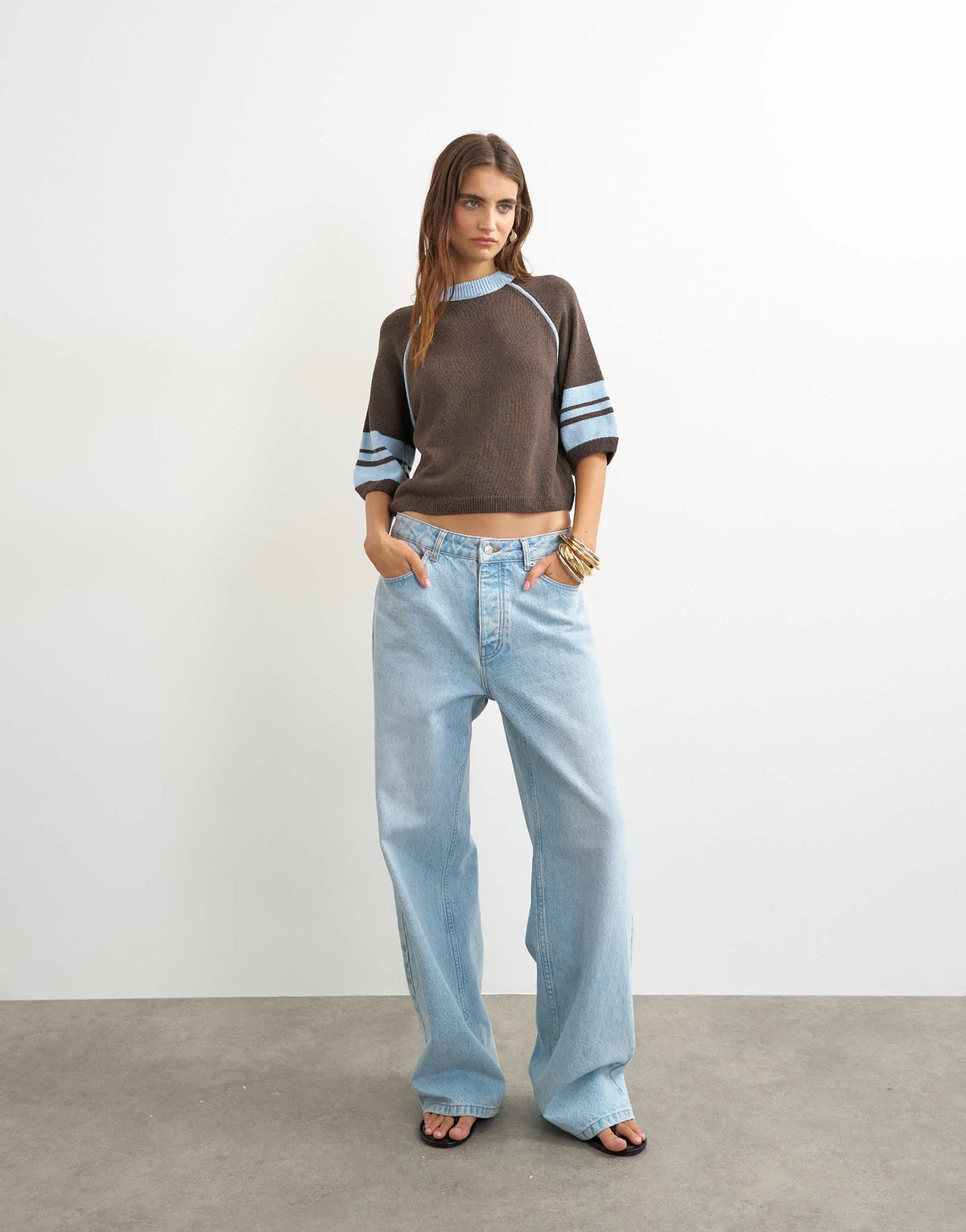 Topshop knitted short sleeve top with blue tipping in brown