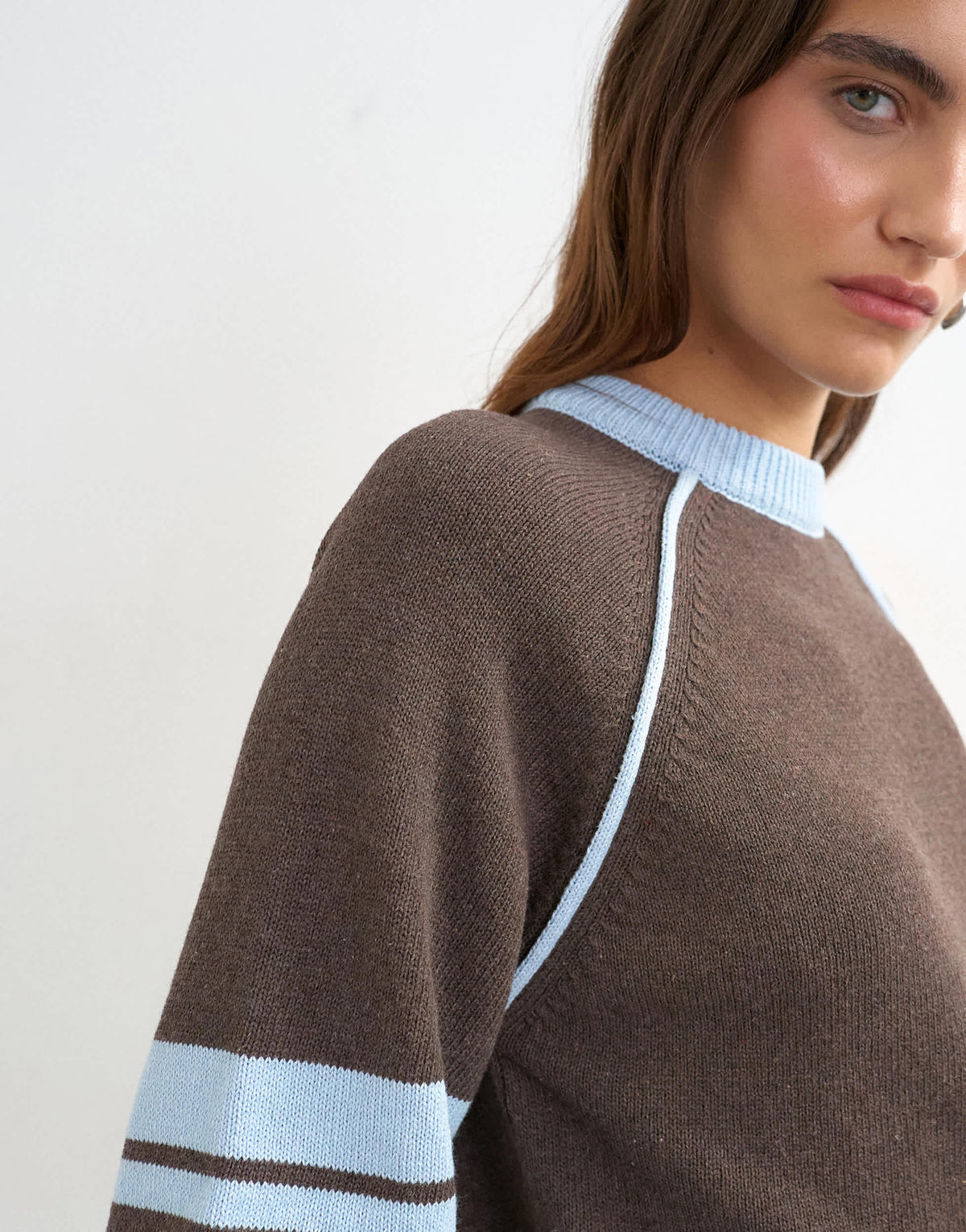 Topshop knitted short sleeve top with blue tipping in brown