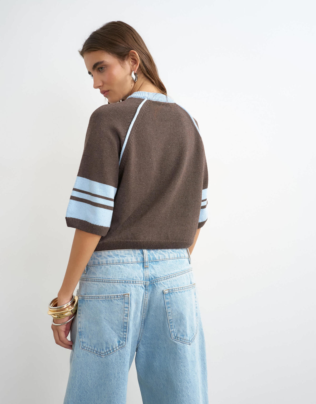 Topshop knitted short sleeve top with blue tipping in brown